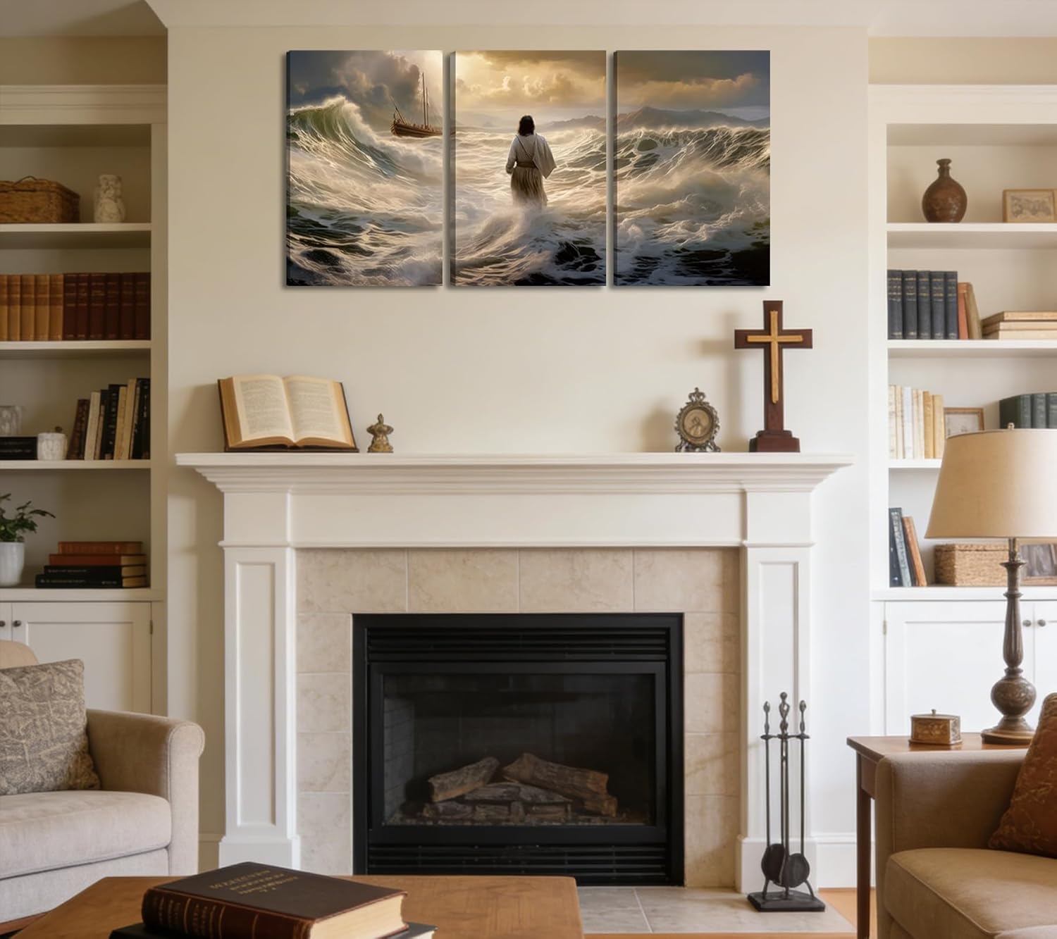 3Pcs Jesus Walking On Water Canvas Wall Art Christian Bible Stories Painting Picture Wall Decor Religious Spirit Faith Poster Print Artwork For Living Room Bedroom Church Ready To Hang