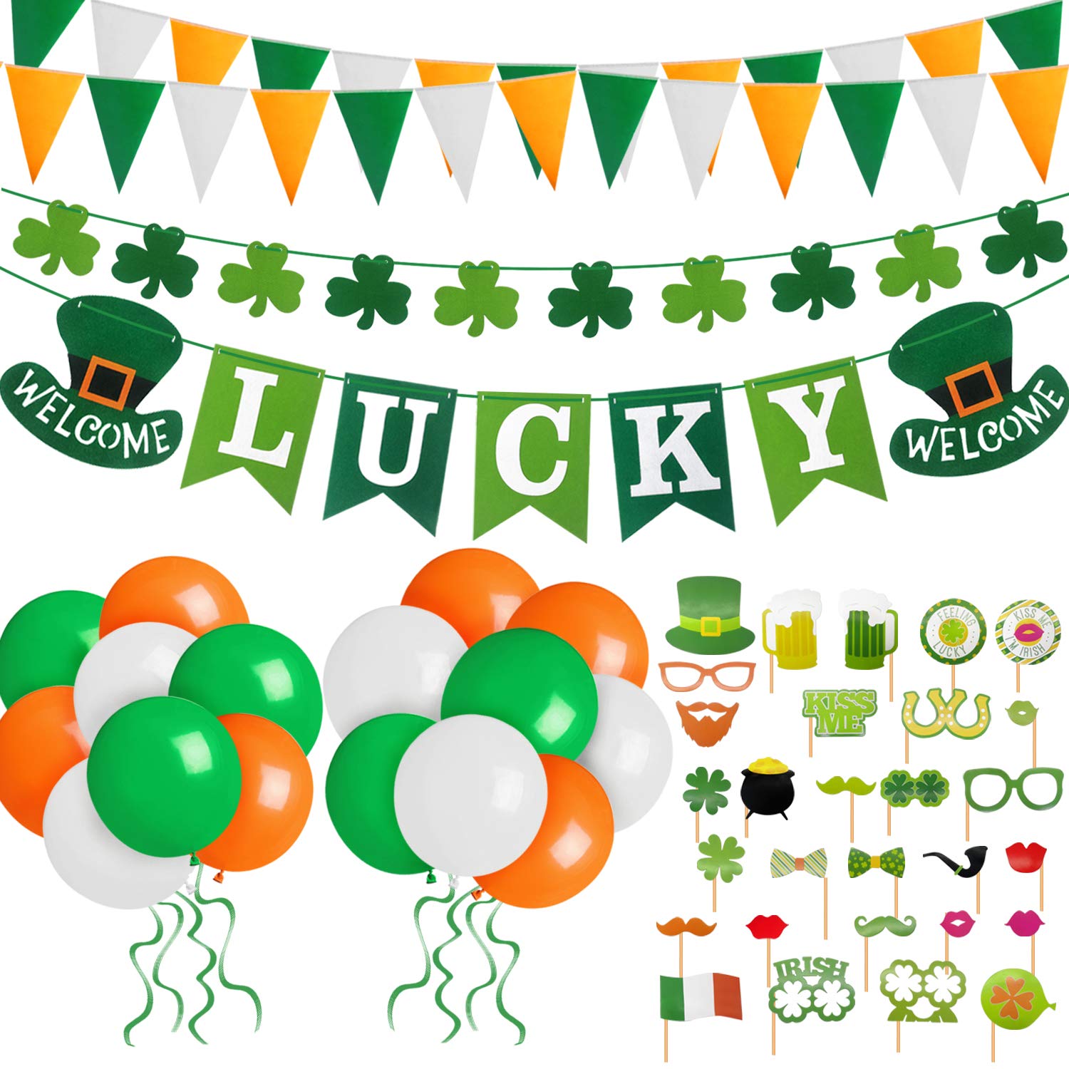 Humairc St Patricks Day Decorations St Patricks Day Accessories, Welcome Lucky Banner Shamrock Garland Irish Flag Bunting Photo Booth Props Balloon for Home Bar Irish Paddy's Day St Patrick's Day