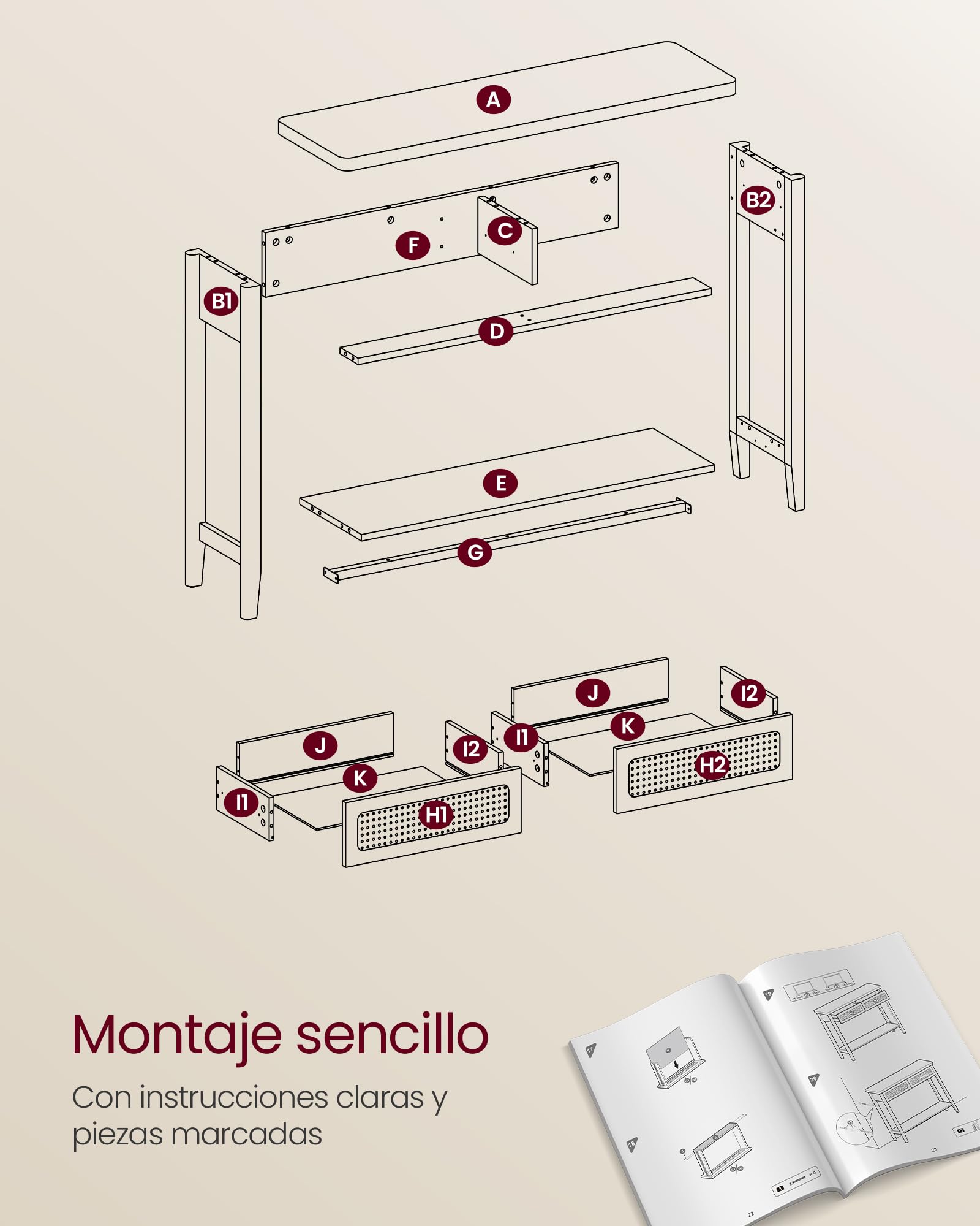 VASAGLE Mesa de Consola para Recibidor, Delgada para Salón, de Entrada con 2 Cajones, Estante Abierto, Esquinas Redondeadas, Estilo Boho, Beige Roble LNT016Y57