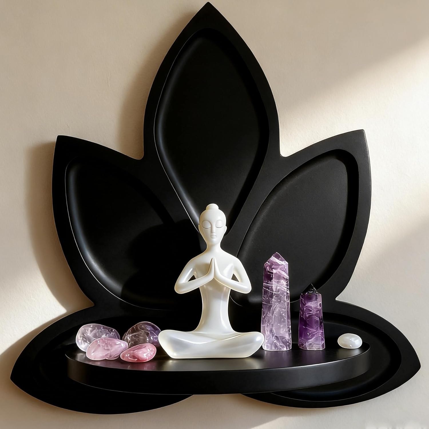 Black Carved Lotus Flower Wooden Floating Wall Shelf, Boho Zen Spiritual Home Decor for Office, Living Room, Bedroom, Yoga & Meditation Space