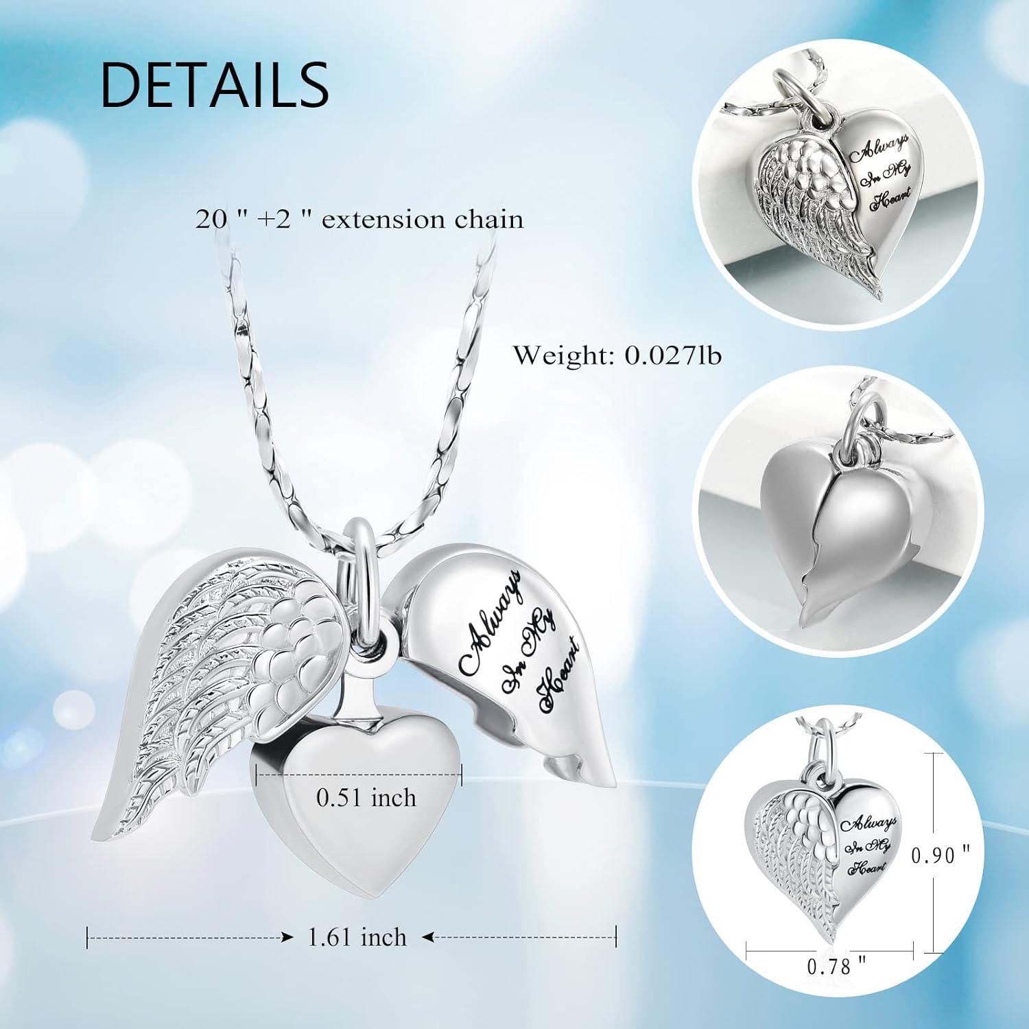 Imrsanl Cremation Jewelry for Ashes Heart Urn Necklace Pendants Ashes for Women Men Family Keepsake Memorial Angel Wing with Charm Heart for Loved Ones - Image 3