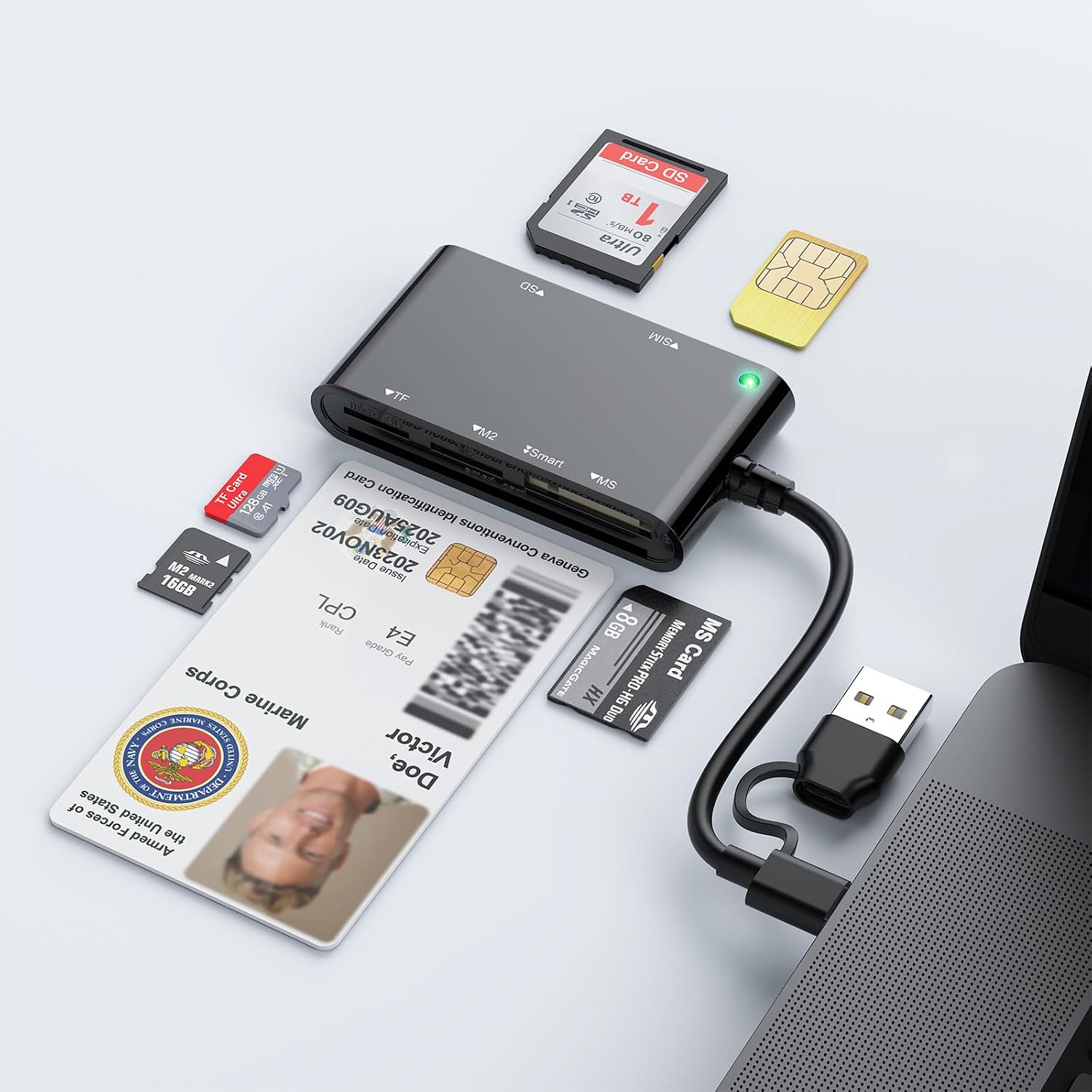 7-in-2 Smart Card Reader & Memory Card Adapter - USB-C/USB-A Dual Interface CAC PIV Card Reader for Military, Government, Banking, Compatible with Windows/macOS/Linux, Plug and Play