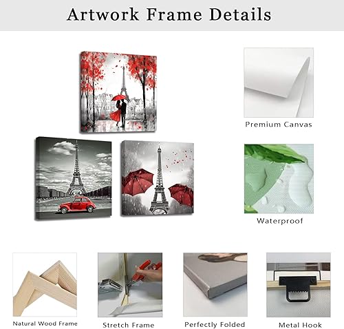 Miniatura 6 de LZIMU París - Lienzo decorativo para pared, 3 piezas, pareja negra y roja con paraguas, coche, Torre Eiffel, pintura al óleo, imagen romántica,