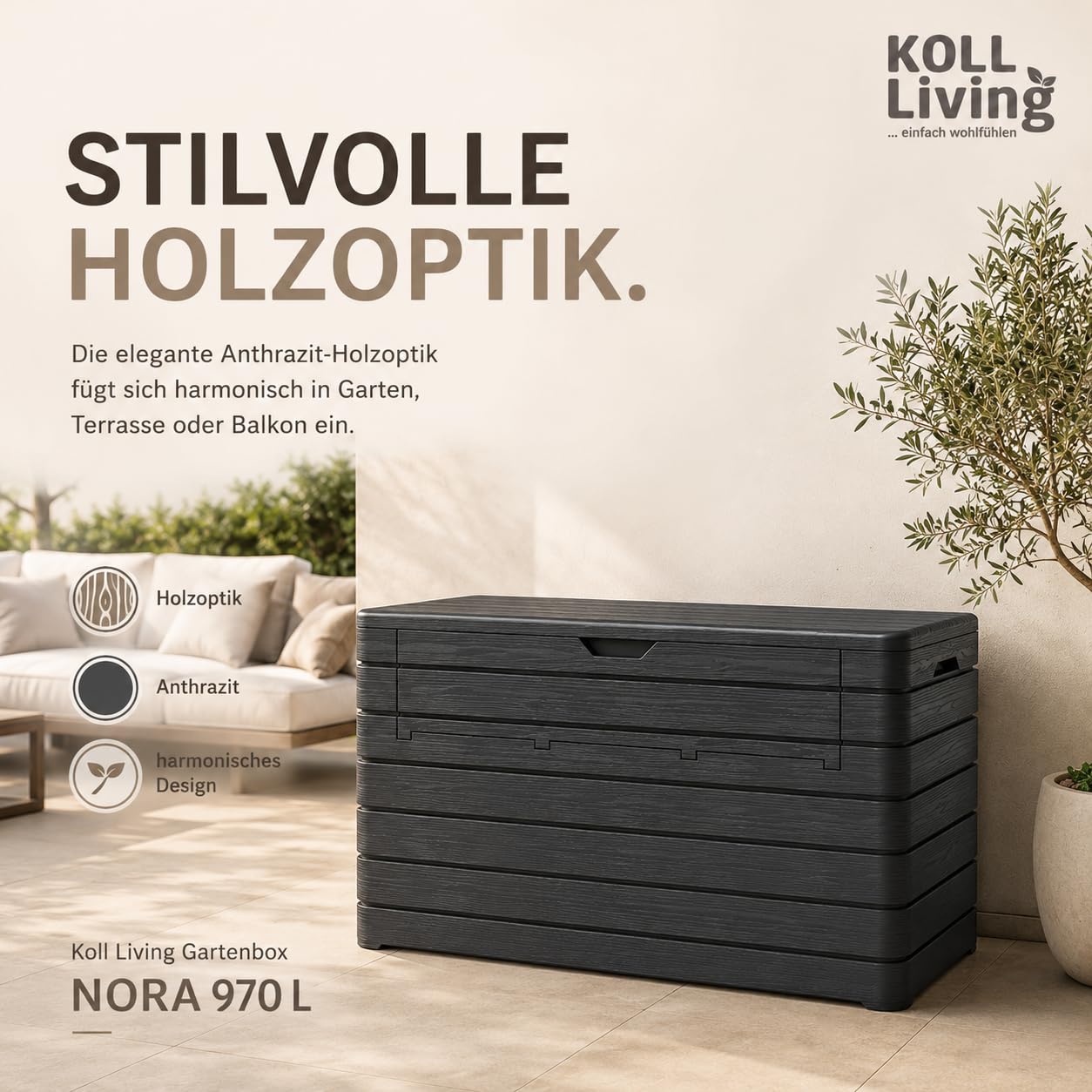 Koll Living Gartenbox/Auflagenbox Nora 970 Liter | Anthrazit | Aufklappbare Front | UV- und witterungsbeständig | 100% Wasserdicht | Belüftet daher Schimmelfrei | 147 x 83 x 85 cm | Gasdruckfedern