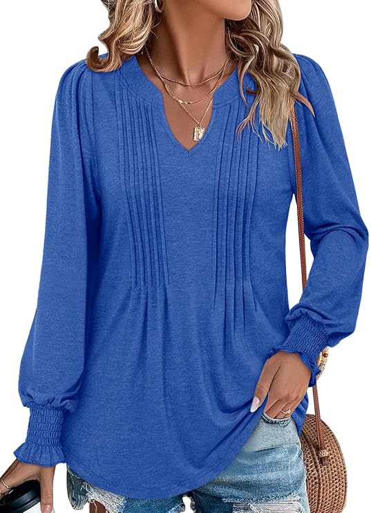 BETTE BOUTIK Long Sleeve Shirts for Women Fall Tops Dressy Blouses Pleated V Neck Tunic Tops for Leggings S-3XL