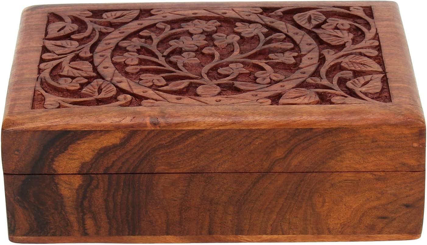 Ajuny Hand-Carved Wooden Jewelry Keepsake Box, Tree of Life Trinket Chest, Handmade Wood Storage Organizer – Unique Gift for Women, 7x5 inch - Image 6