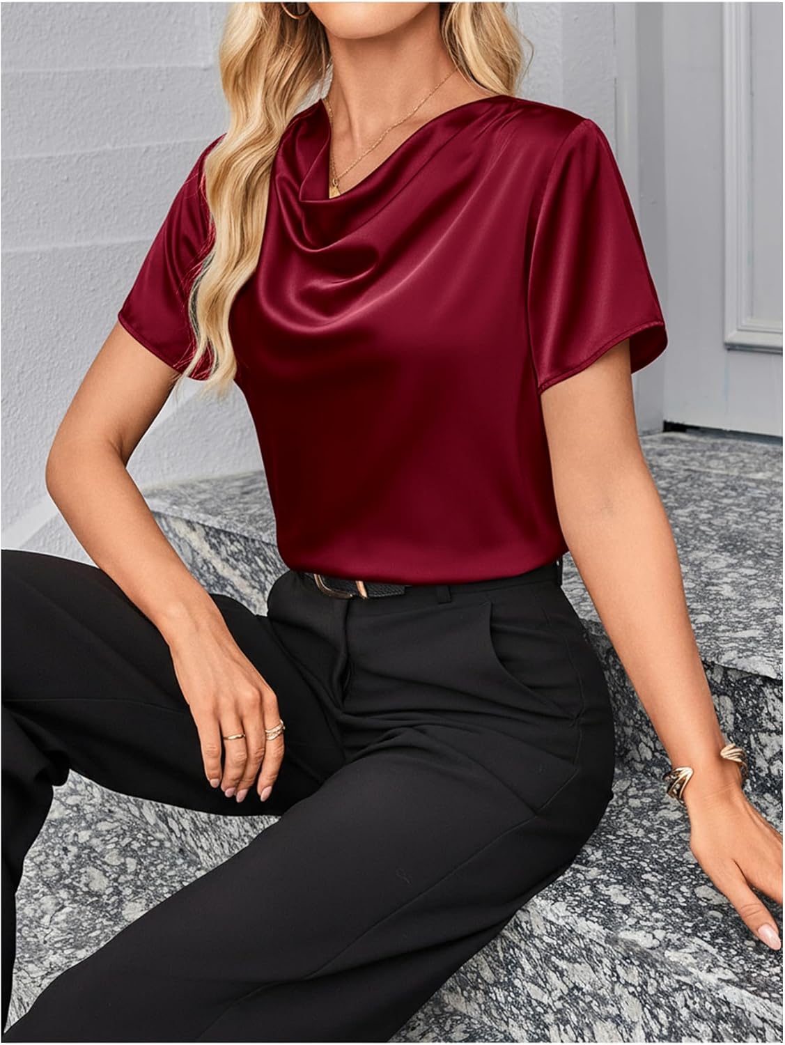 SweatyRocks Women's Draped Satin Blouse Short Sleeve Cowl Neck Dressy Work Shirts - Image 4