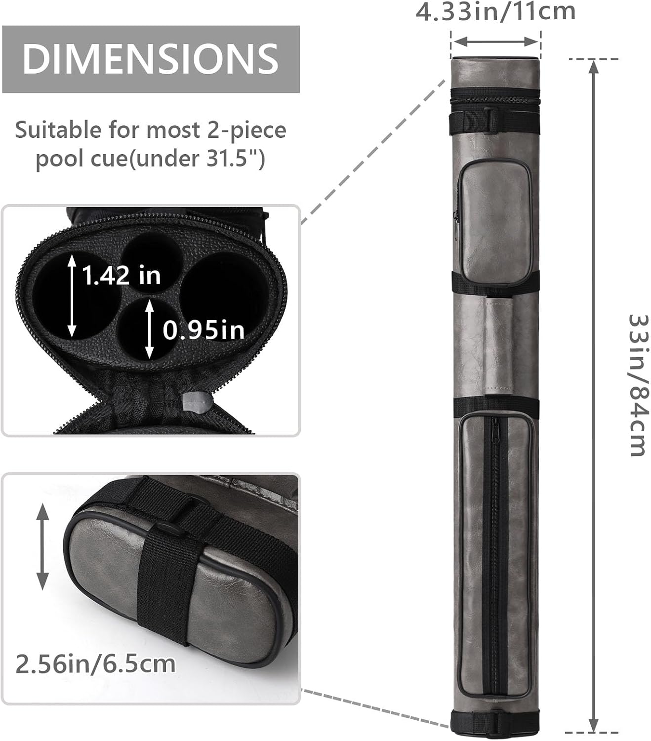 Pool Cue Case 2X2/2X4 Hard Pool Stick Carrying Case Billiard Faux Leather Cue Stick Cases with Handle and Detachable Shoulder Straps, Holds 2 Butt and 2/4 Shafts (Gray, 2B2S)
