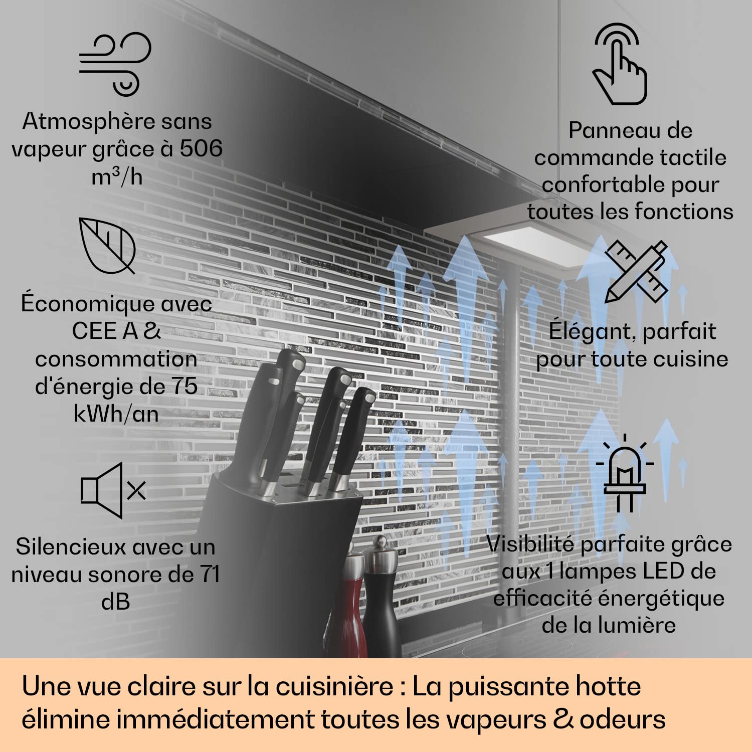 Klarstein Hotte Aspirante Encastrable, Hottes de Cuisine, Filtre de Hotte en Aluminium, Débit d'Air Puissant 506 m³/h et Silencieux, Eclairage à LED, Commandes Tactiles, Hottes Aspirantes Murales