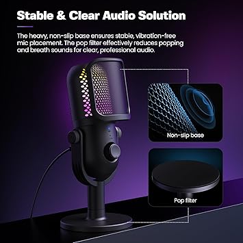 USB Microphone for PC Gaming: Condenser Microphone RGB for Gamer with Stand Mic - Recording Mic for Computer&Laptop with Qiuck Mute - Desk Podcast Mic for Podcast & Singing & Streaming & Youtube Black