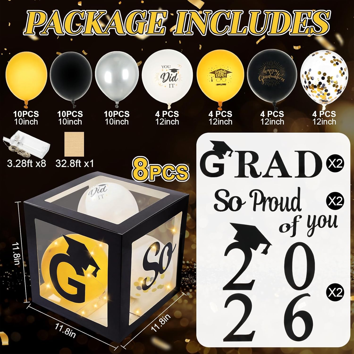 62 Pcs 2026 Graduation Party Decoration, 8 Pcs Black Balloon Boxes with Letters 2026 Grad & So Proud of You and Light for Class of 2026 Decorations Preschool High School College Grad Party