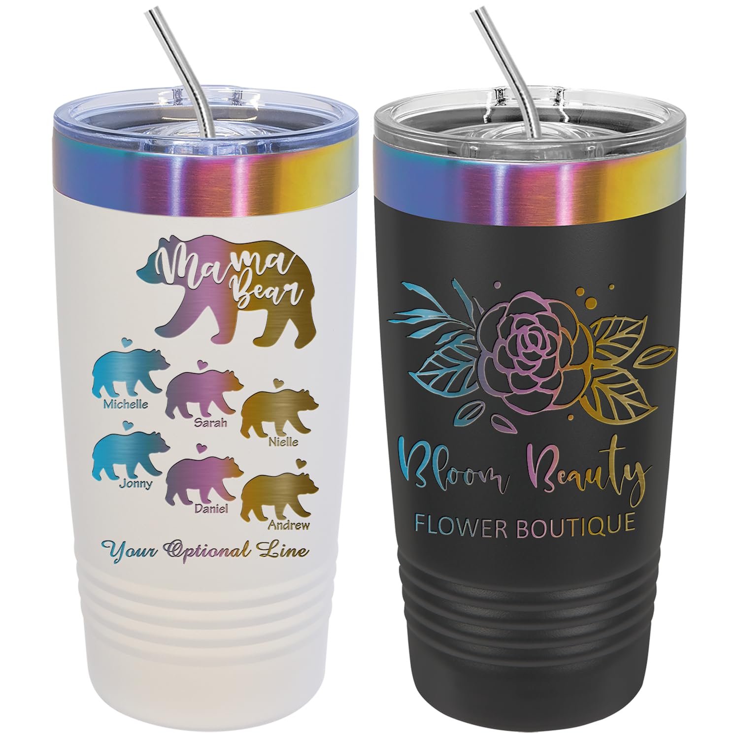 iProductsUS Personalized Tumblers with Lid and Straw, 20oz ION-Plated Stainless Steel Engraved Custom Cup with Name Text, Customized Mothers Day Gifts for Mom, Her, Christmas Birthday (Prism Colors)