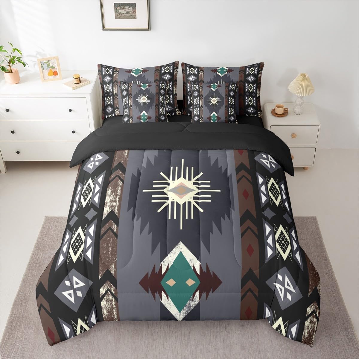 Erosebridal Western Bed in a Bag Queen Comforter Set 7-Piece, Southwestern Aztec Bedding Sets Ethnic Tribal Arrow Vintage Geometric Comforter and Sheet Set, Boho Decor Diamond Triangle Room Decor - Image 6