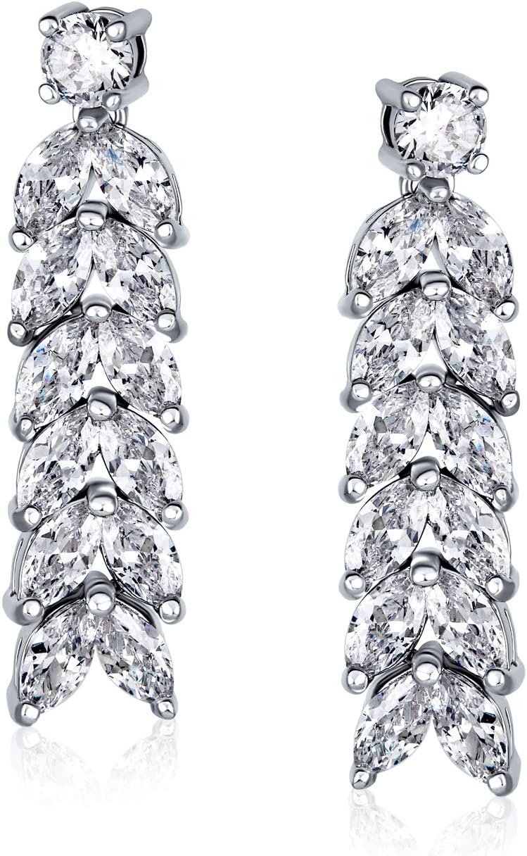 Bling Jewelry Art Deco Style Fashion Bridal Multi Marquise AAA CZ Statement Collar Tennis Necklace Matching Chandelier Dangle Earrings Jewelry Set For Women Wedding Prom Pageant Silver Plated
