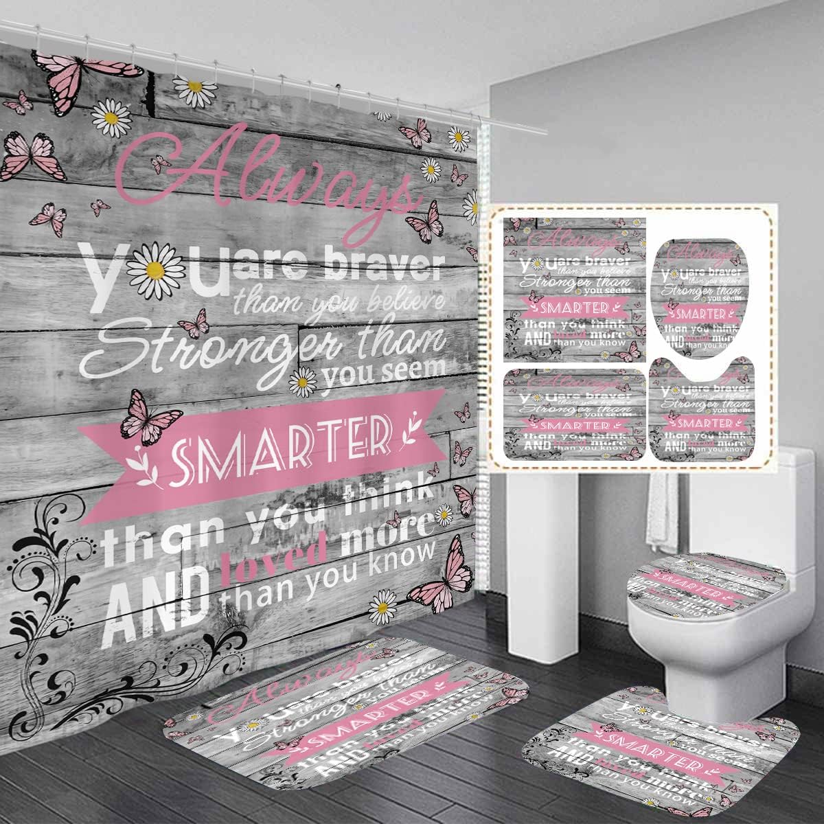 AAtter 4 Piece Pink Shower Curtain Set Kids Girl Girly Cute Women Toddler Grey 60Wx72L Inch Decor with Non-Slip Rugs, Toilet Lid Cover and Bath Mat Bathroom Accessories Home Bathtub Set, Inspirational