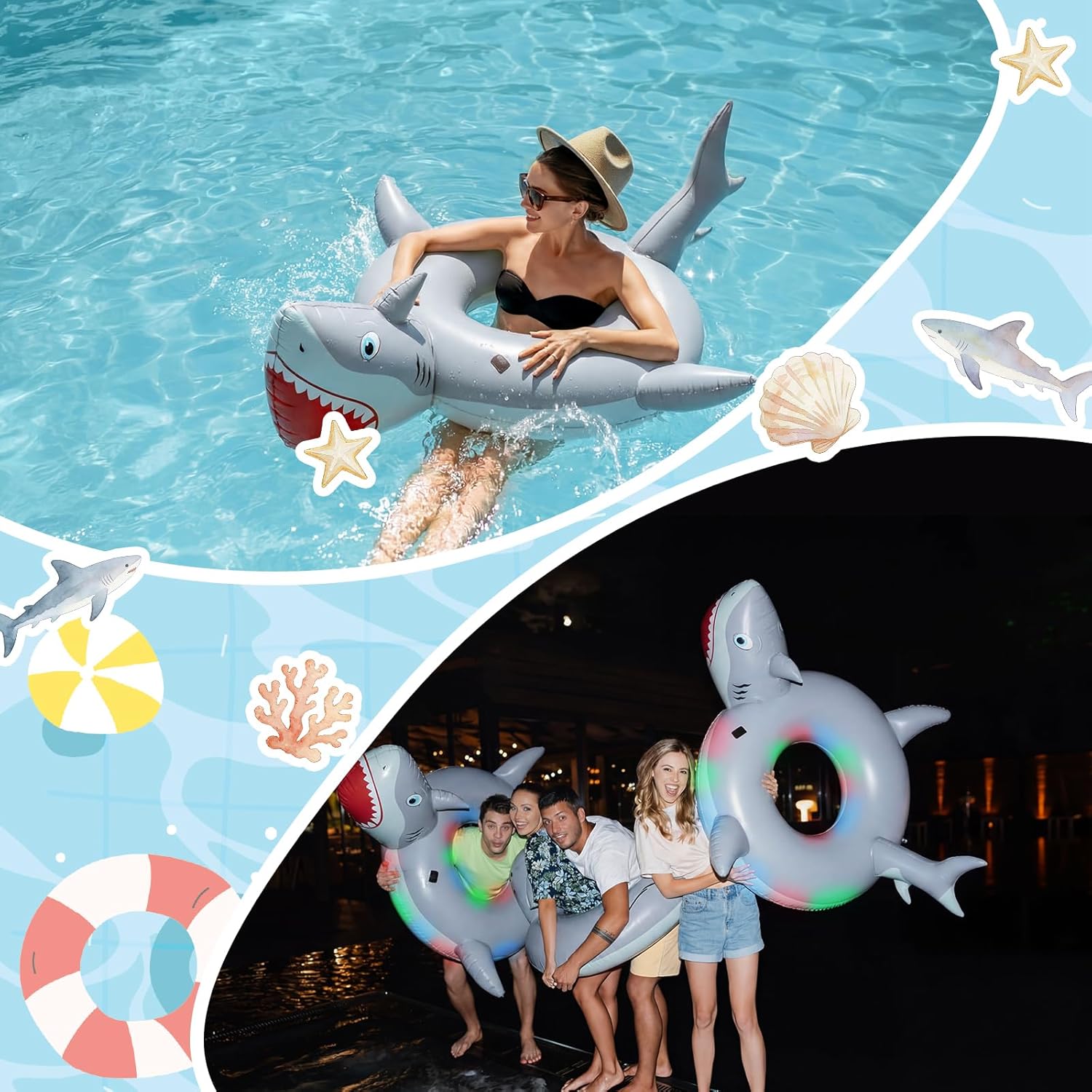 Shark Inflatable Pool Float with Lights Solar Powered Shark Pool Floaties for Adults 67" Large Swim Tube Ring LED Glow in The Dark Swim Float for Summer Water Beach Lounge Party Supplies
