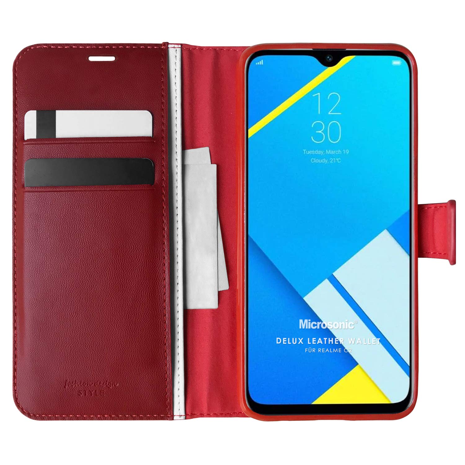 Microsonic Realme C2 için Kılıf Delux Leather Wallet Kırmızı [Realme C2 ile Uyumlu Kılıf - Kırmızı]