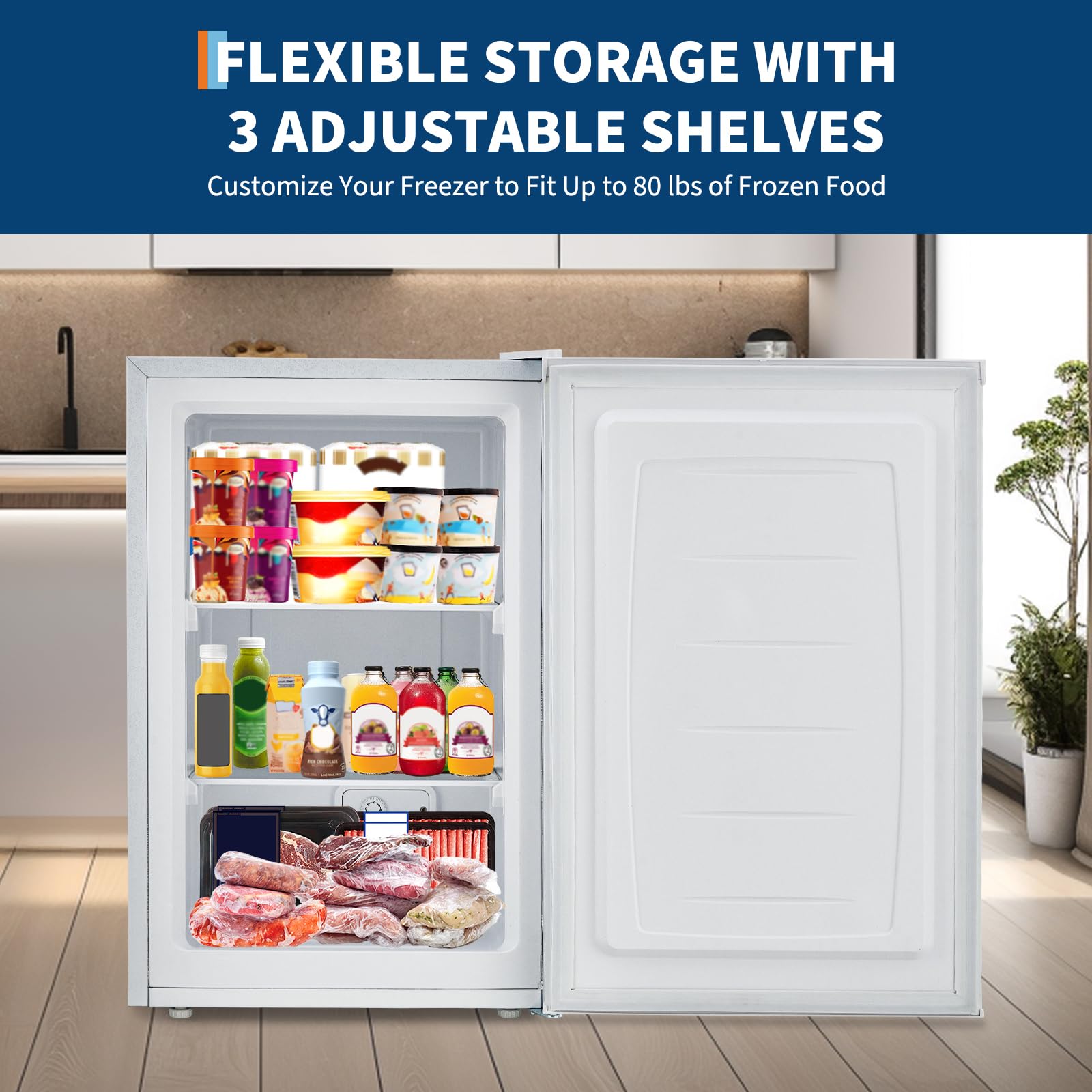 Garveehome Upright Freezer, 3.0 Cu.Ft. Compact Mini Freezer With Reversible Single Door, 7 Adjustable Thermostat & 3 Removable Shelves, Ideal For Apartment, Dorm, Home, Office, White on Fridge.com - View 2
