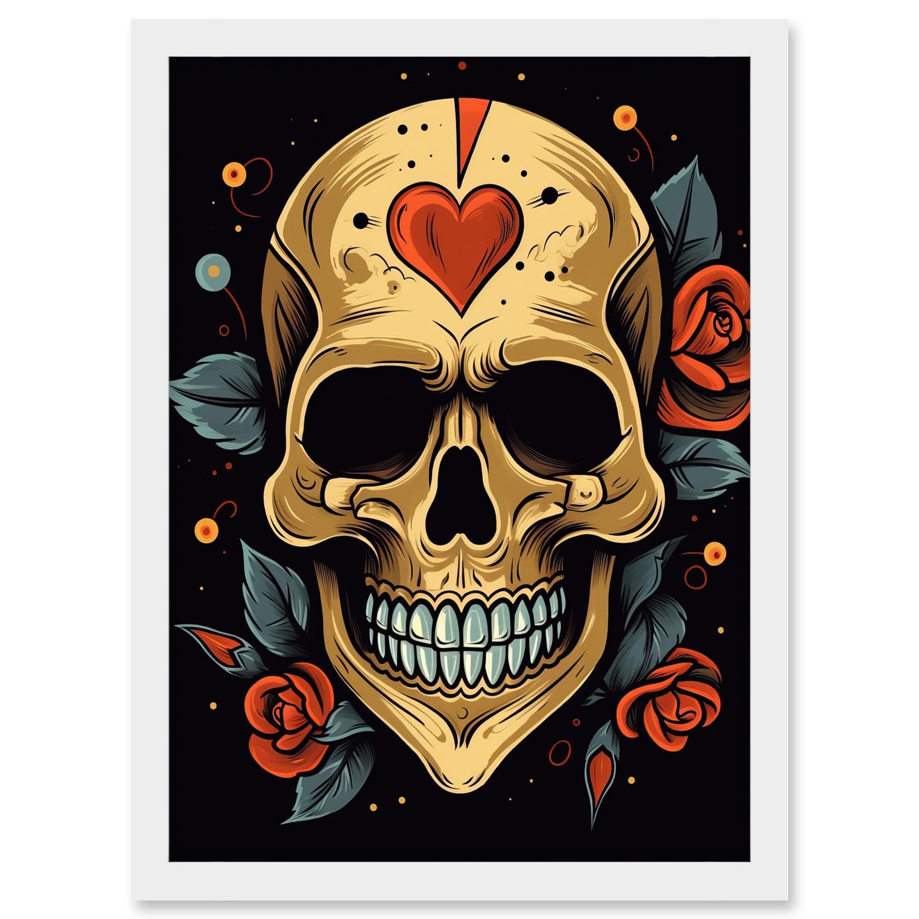 Artery8 Skull Heart and Roses Tattoo Ink Body Art Rockabilly Americana 50s Artwork Framed A3 Wall Art Print