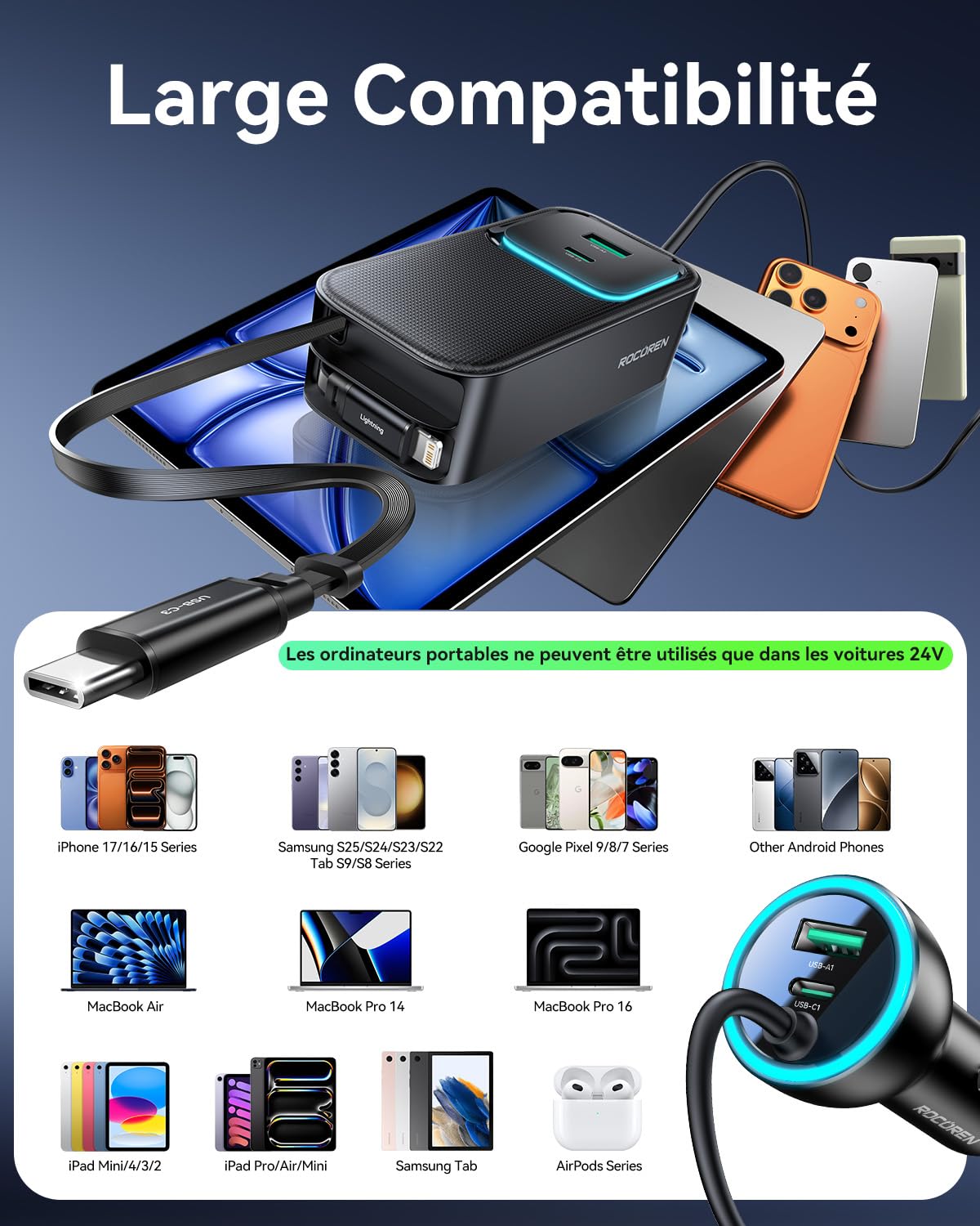 Rocoren Chargeur Voiture 135W Rétractable 6-en-1, Allume-Cigare 12-24V câble 1,5m. Charge Rapide PC Portable, téléphone, Tablette. Accessoire Auto Parfait Voiture, Camping-Car, Caravane & Voyages