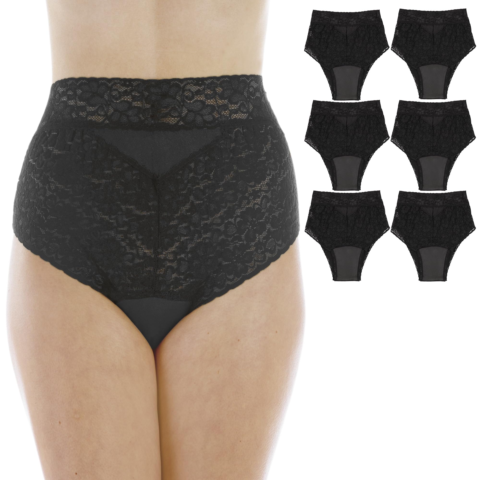 Wearever 6-Pack Women's Black Lovely Lace Regular Absorbency Incontinence Panties Large 150 ml (Fits Hip 41-42")