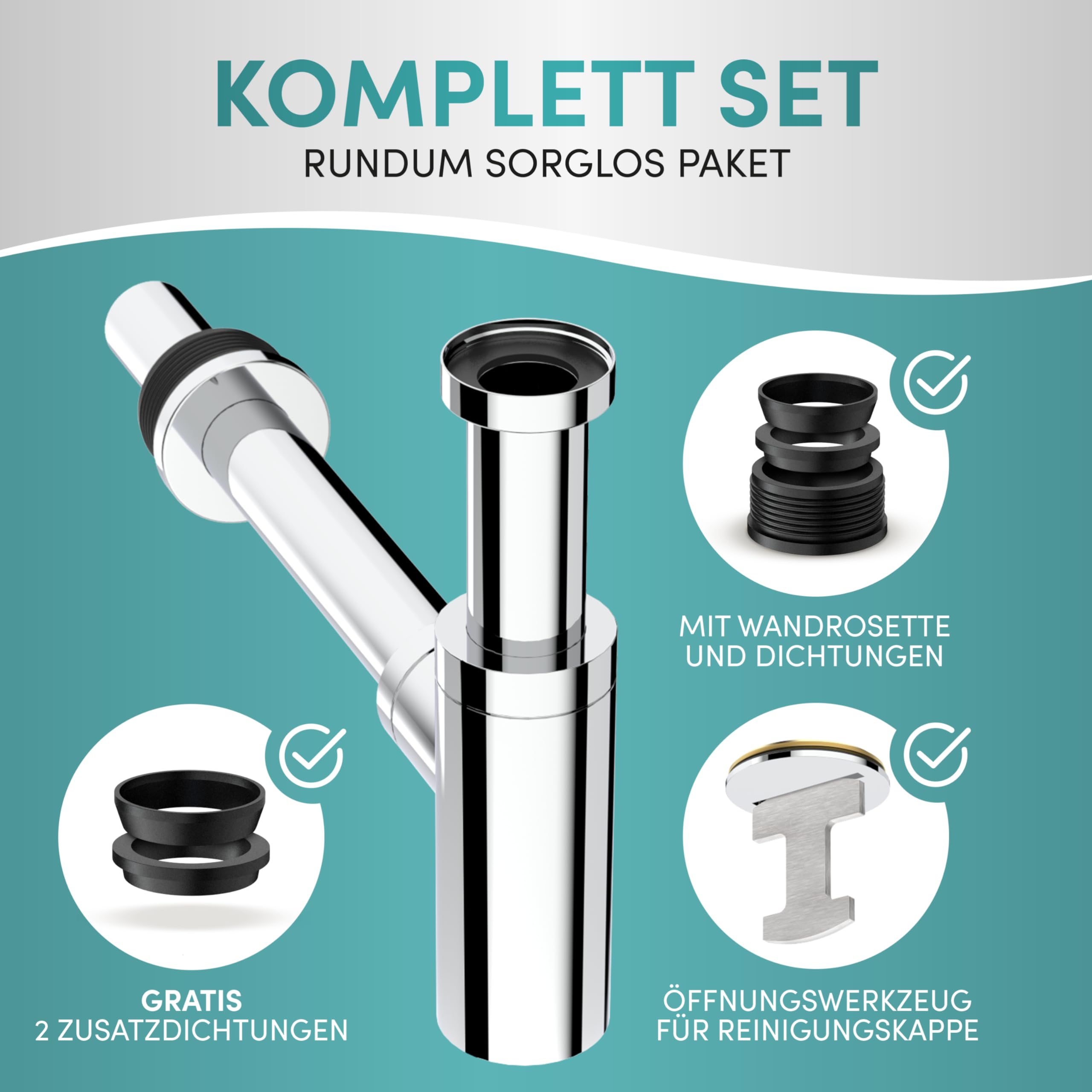 Engelbach® Design Siphon für Waschbecken & Waschtisch - Mit Reinigungsöffnung - Universal Abflussrohr 1 1/4" - Geruchsverschluss, Syphon inkl. Gummimanschette und Anleitung