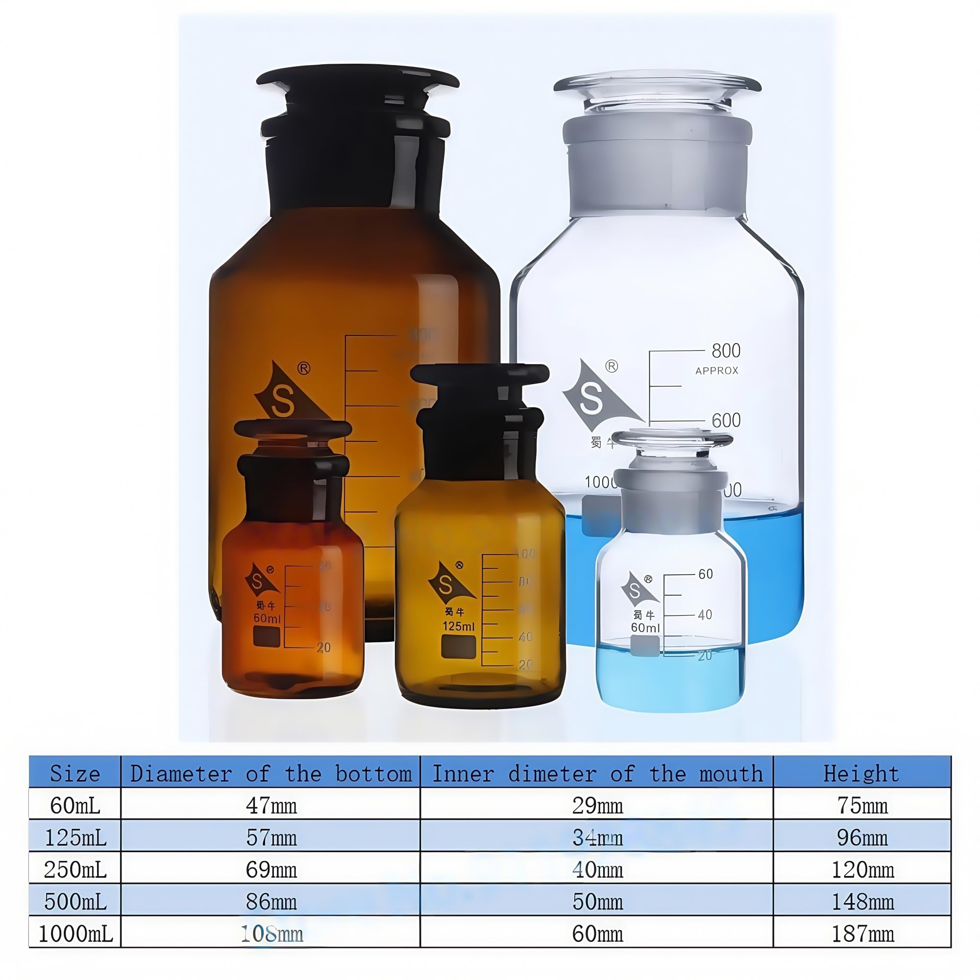 Brązowa/przezroczysta butelka na odczynniki ze szkła zwykłego z szeroką szyjką i korkiem szlifowanym, fiolki na próbki laboratoryjne (500 ml, brązowa)(250mL 2pcs)