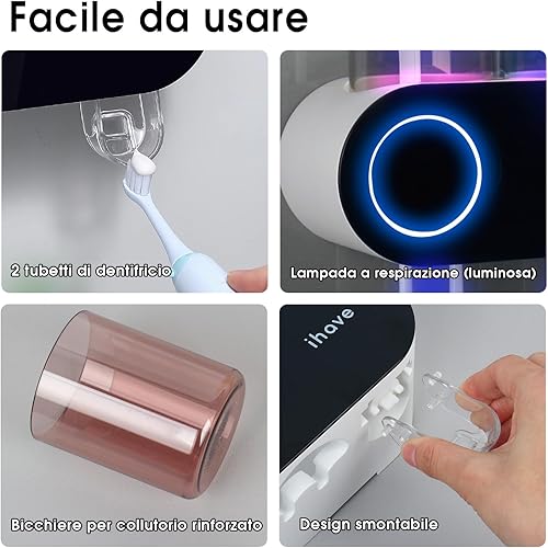 Miniatura 7 de iHave Soportes para cepillos de dientes eléctricos de pared con 3 vasos, esterilizador UV, dispensador de pasta dental, accesorios y decoración