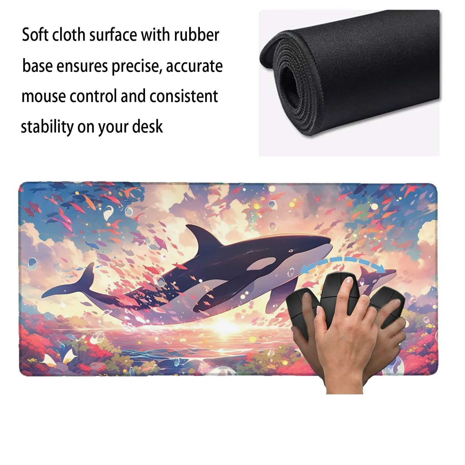 Tappetino Mouse XXL 1200 x 600 x 3 mm, Sottomano Scrivania, Sogno Grande Tappeto da Tavolo con Base in Gomma Antiscivolo e Bordi Cuciti, Impermeabile, per Ufficio, Computer e Gaming (Balena) L-x5586