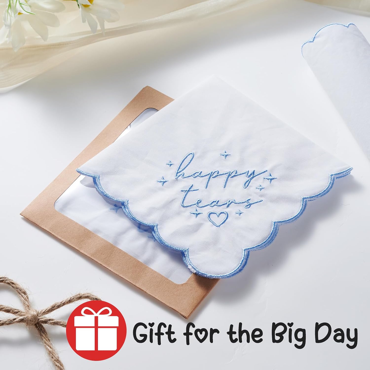 White Happy Tears Handkerchief for Bride, 10"x10" White Embroidered Bridal Something Blue Keepsake