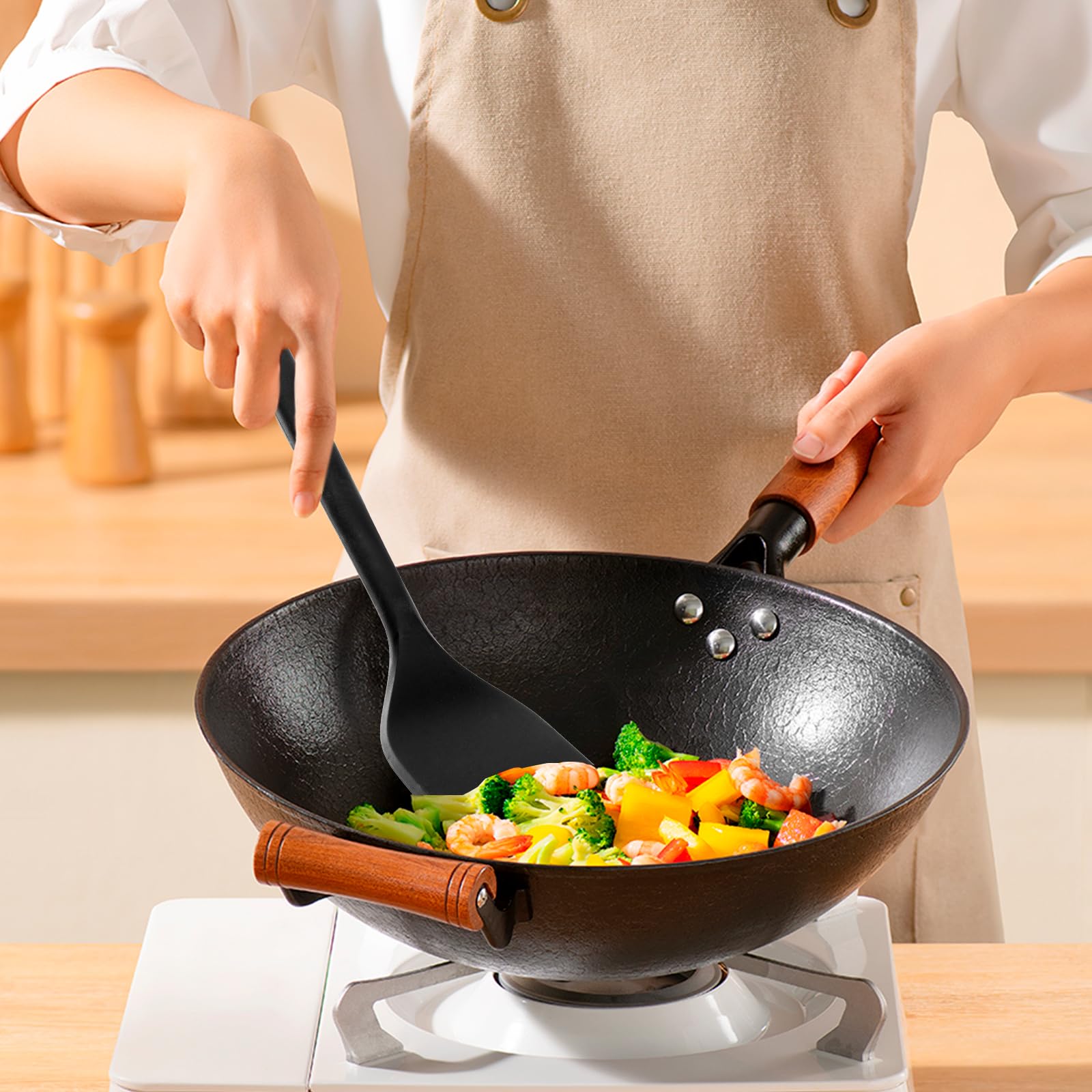 Set di utensili da cucina in silicone: MOACC resistente al calore, lunghezza 33 cm, accessori da cucina in gomma antiaderente senza BPA, per preparare alimenti, friggere, servire, imbastire (nero)