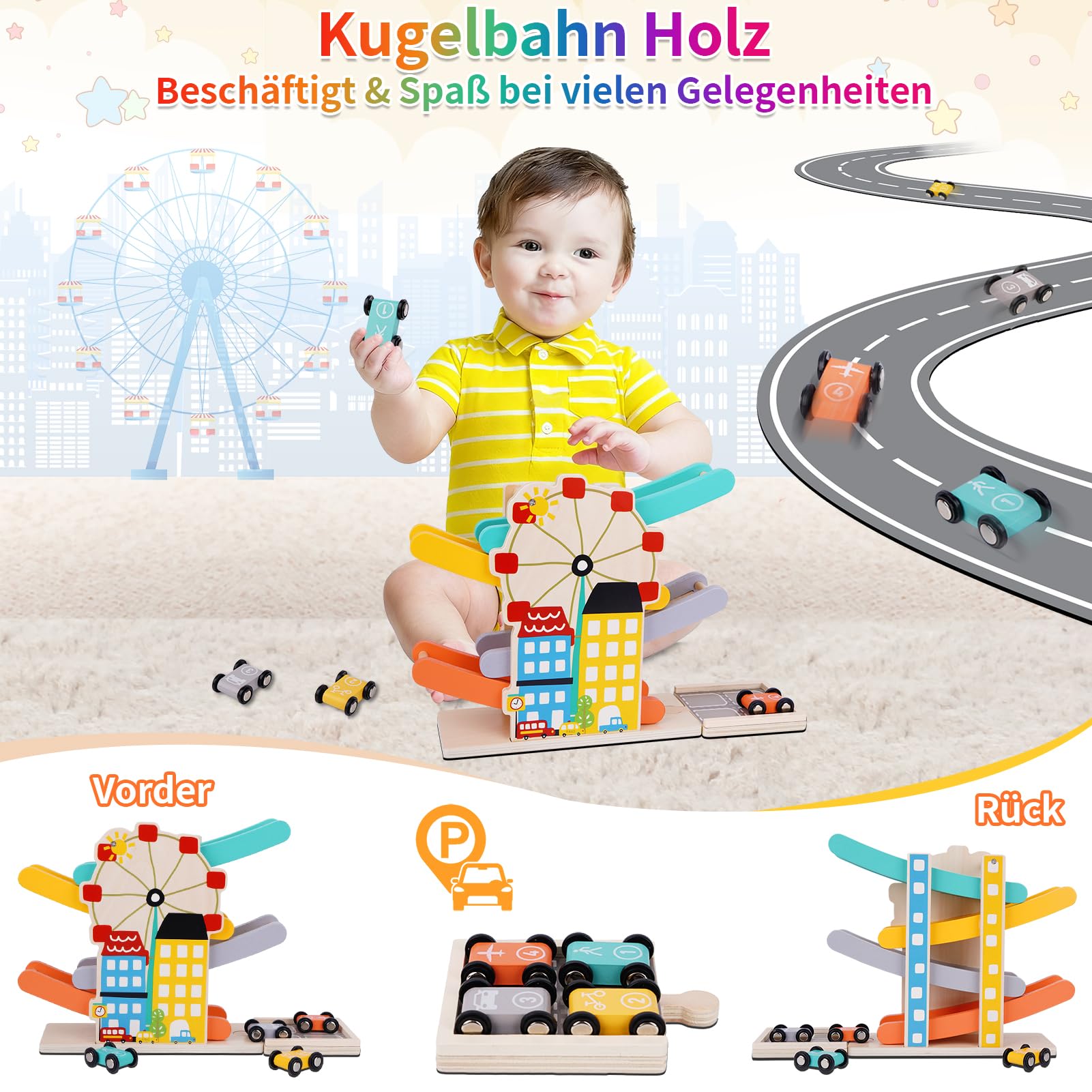 FCSONU Kinder Montessori Spielzeug ab 1-4 Jahre, Autorennbahn/Murmelbahn/Kugelbahn Holz ab 1 Jahr, Kinderspielzeug Holzspielzeug ab 1 2 3 Jahr, Weihnachten Geburtstag Geschenk für Junge Mädchen Baby
