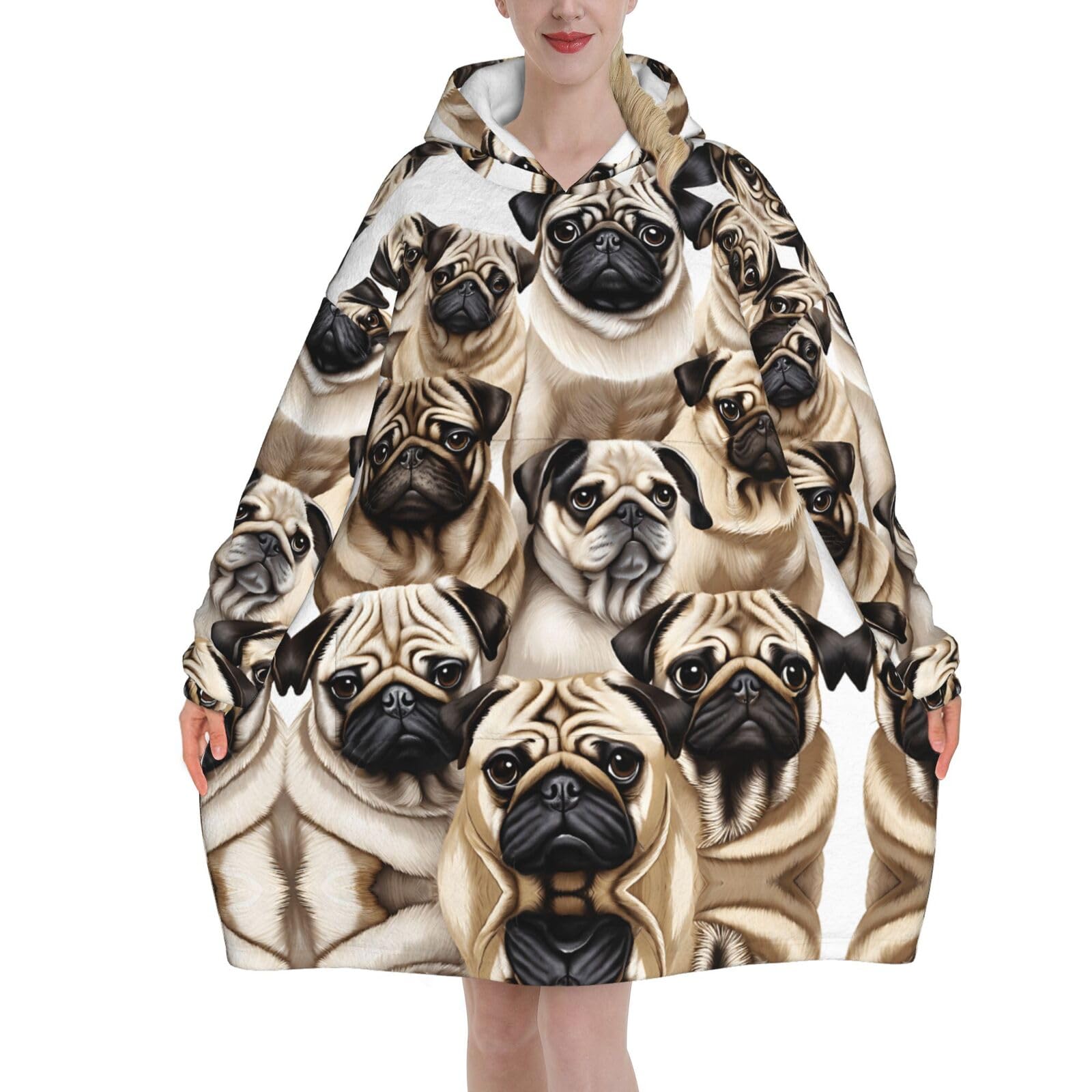 Imagen De Pug Print Blanket Hoodie Soft Flannel Fleece Adult Wearable Blanket With Kangaroo Pocket