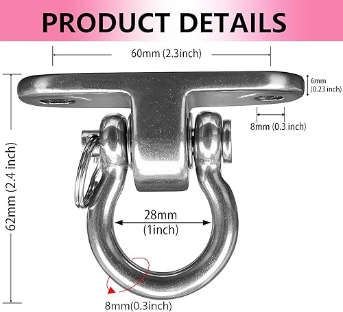 Miniatura 3 de 2 juegos de ganchos giratorios de rodamientos silenciosos, resistente gancho giratorio giratorio de 180, capacidad de 1500 libras, juego de hamaca
