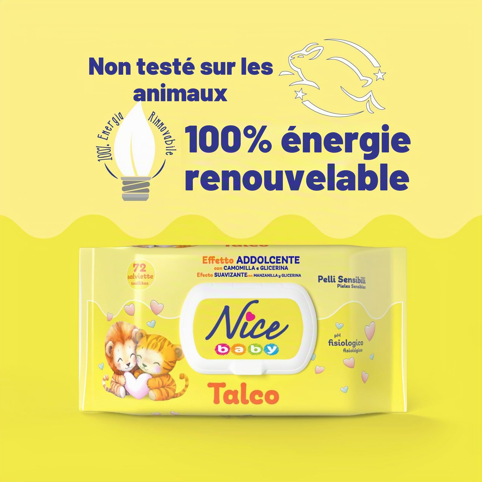Nice - Lingettes nettoyantes pour enfants et nourrissons - Avec camomille et glycérine - Parfum doux au talc - Testé dermatologiquement - Format : 72 Lingettes -