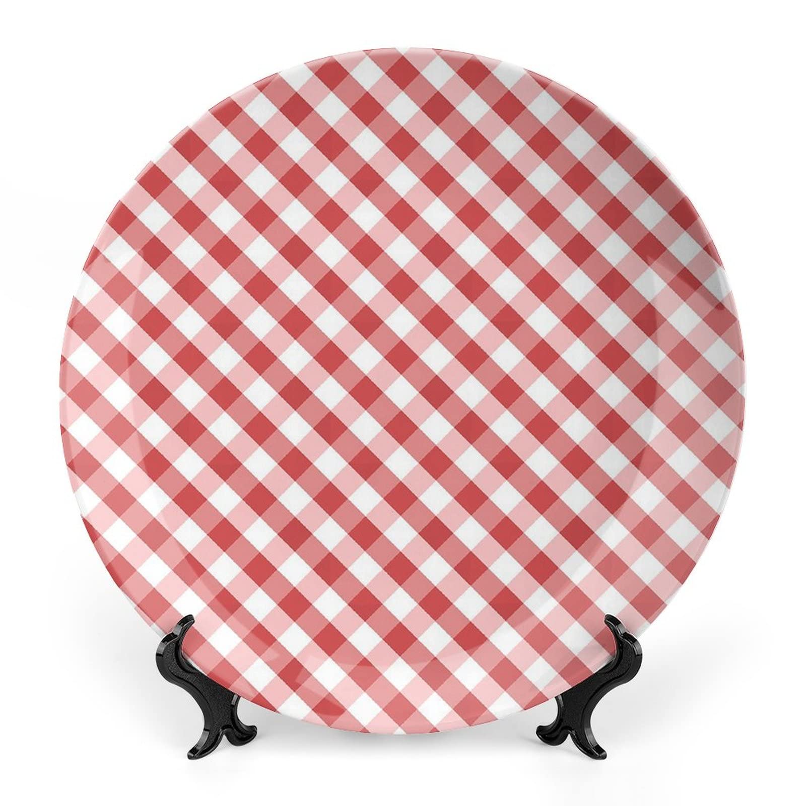 10 Inch Decorative Plate, Checkered Tableware Plate, Crosswise Stripes with Little Red Squares Retro Print Ceramic Wall Hanging for Fine Dining For