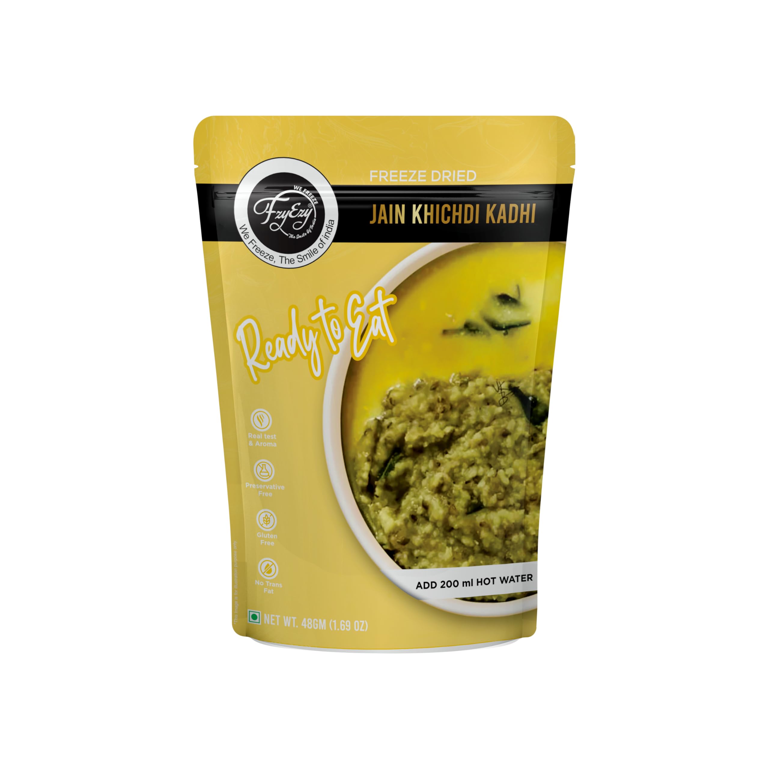 FzyEzy Freeze-Dried Jain Kadhi Khichdi | Instant Ready-to-Eat Meal | Pure Vegetarian | No Onion, No Garlic | Gluten-Free & Preservative-Free | Just Add Hot Water (48g)