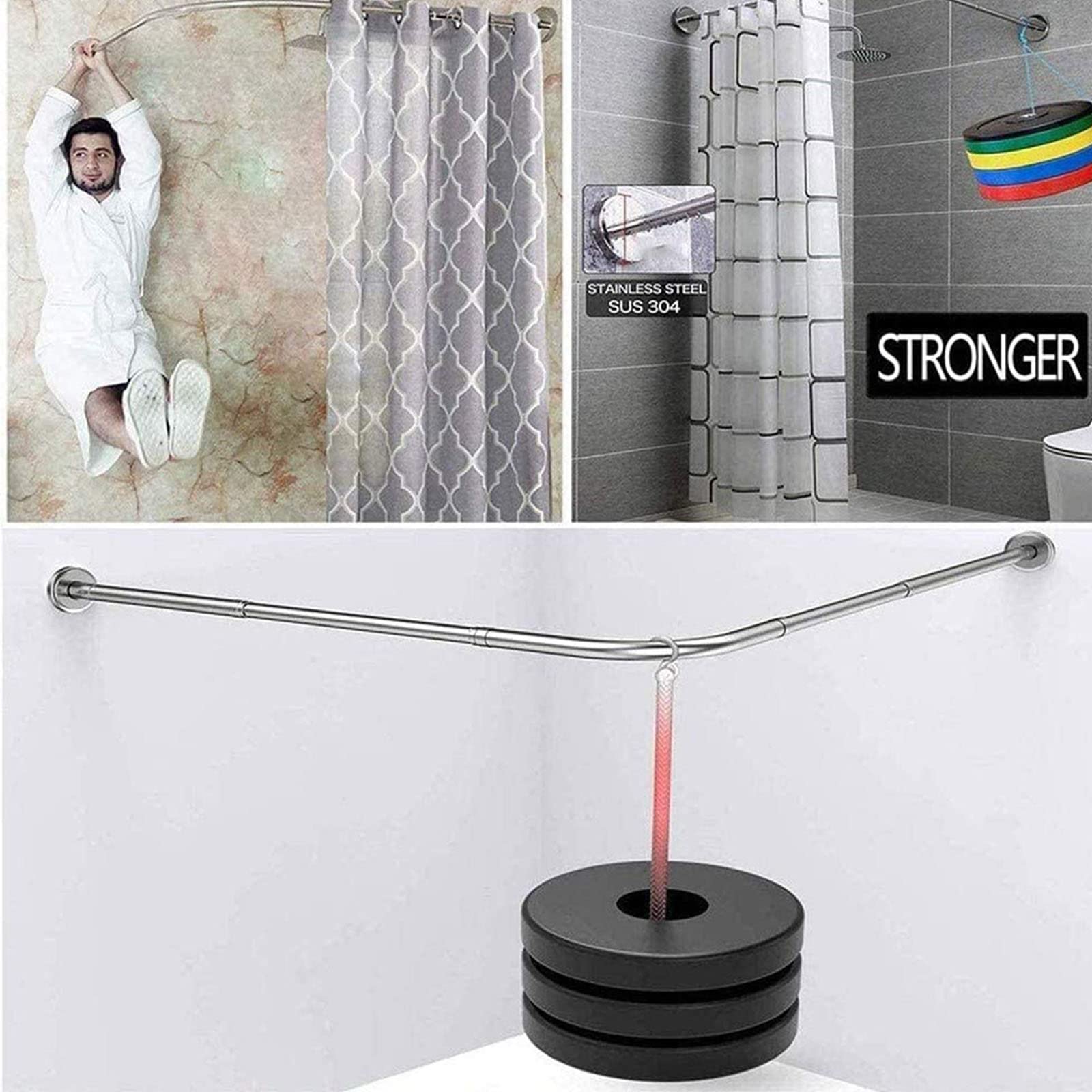 Barre de Rideau de Douche Extensible en Forme de L avec Rails incurvés, pour Salle de Bain, Baignoire ou Cabine d'essayage - Argent - 80-100 x 80-100