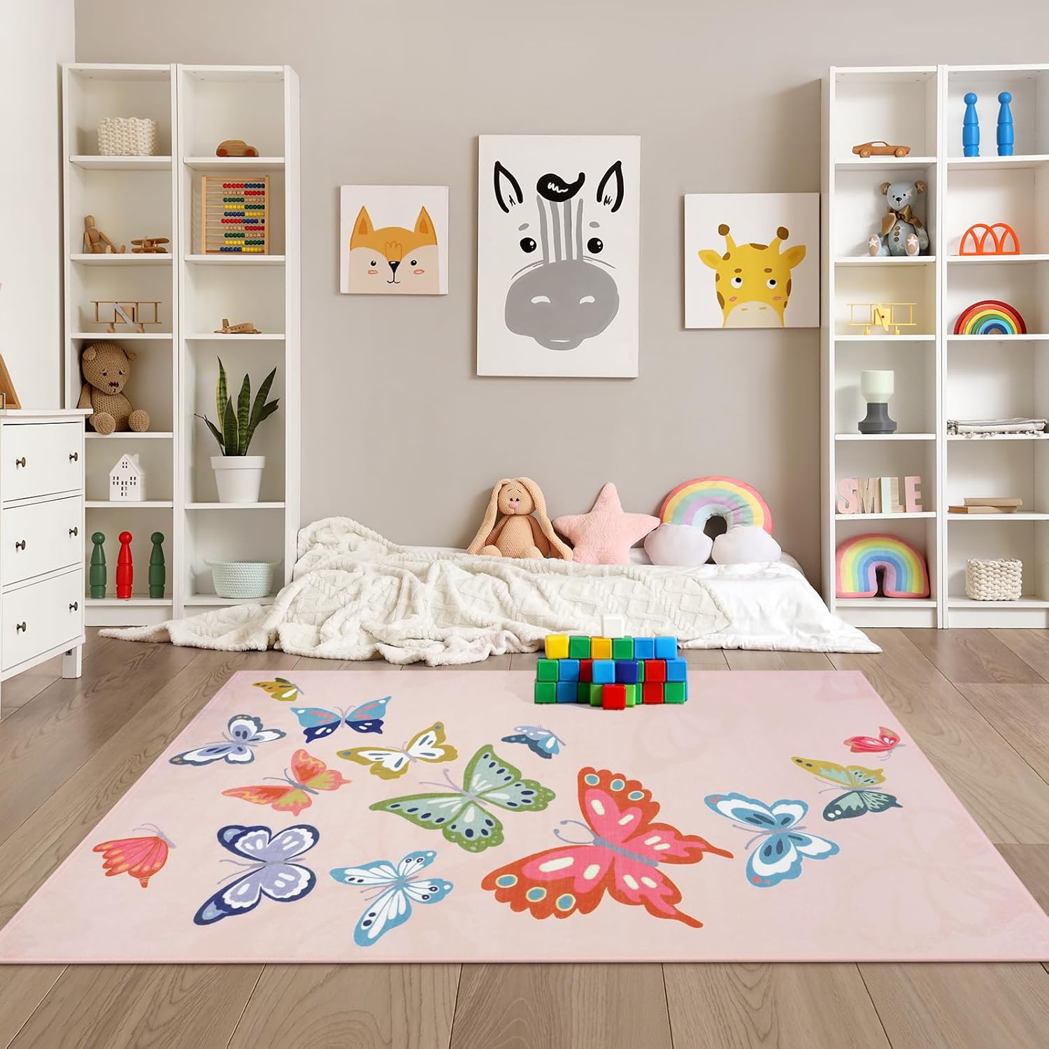 STARUIA Girls Rugs for Bedroom, 4x6 Washable Pink Kids Rugs for Playroom Nursery, Non Slip Soft Butterfly Area Rug, Baby Carpet for Kids Room Daycare Tent Dorm Castle Indoor Decor