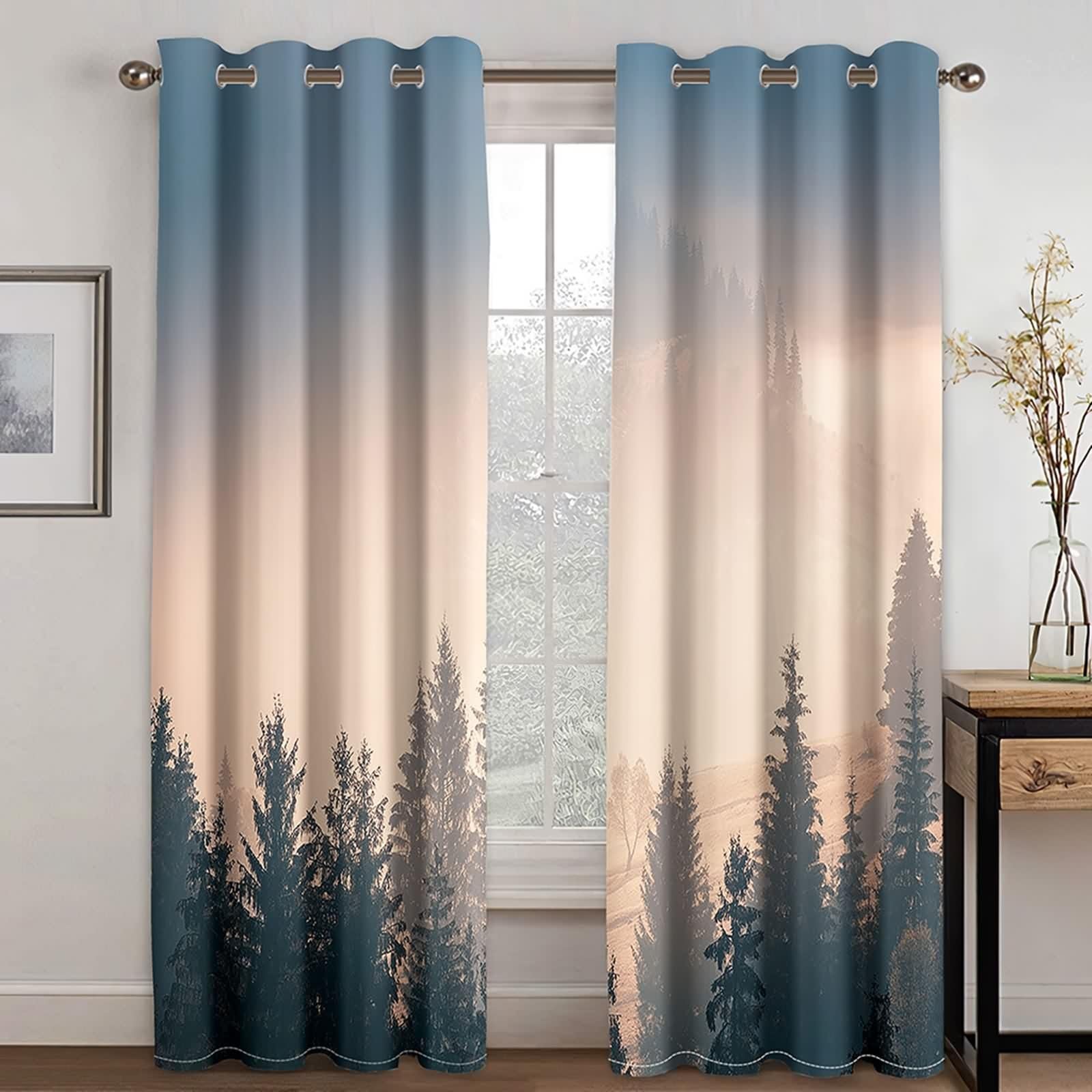 Firanka kuchenna w stylu retro, wysokość 160, jasny khaki, ciemnozielony, poliester, dekoracja z motywem drzewa, zestaw 2 sztuk, szer. 86 x wys. 160 cm