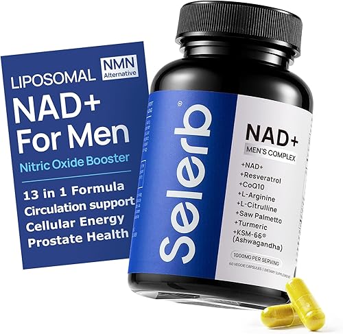 Selerb Suplementos NAD+ para hombres Suplementos de salud de próstata de óxido nítrico para hombres con resveratrol, CoQ10, L citrulina y licopeno