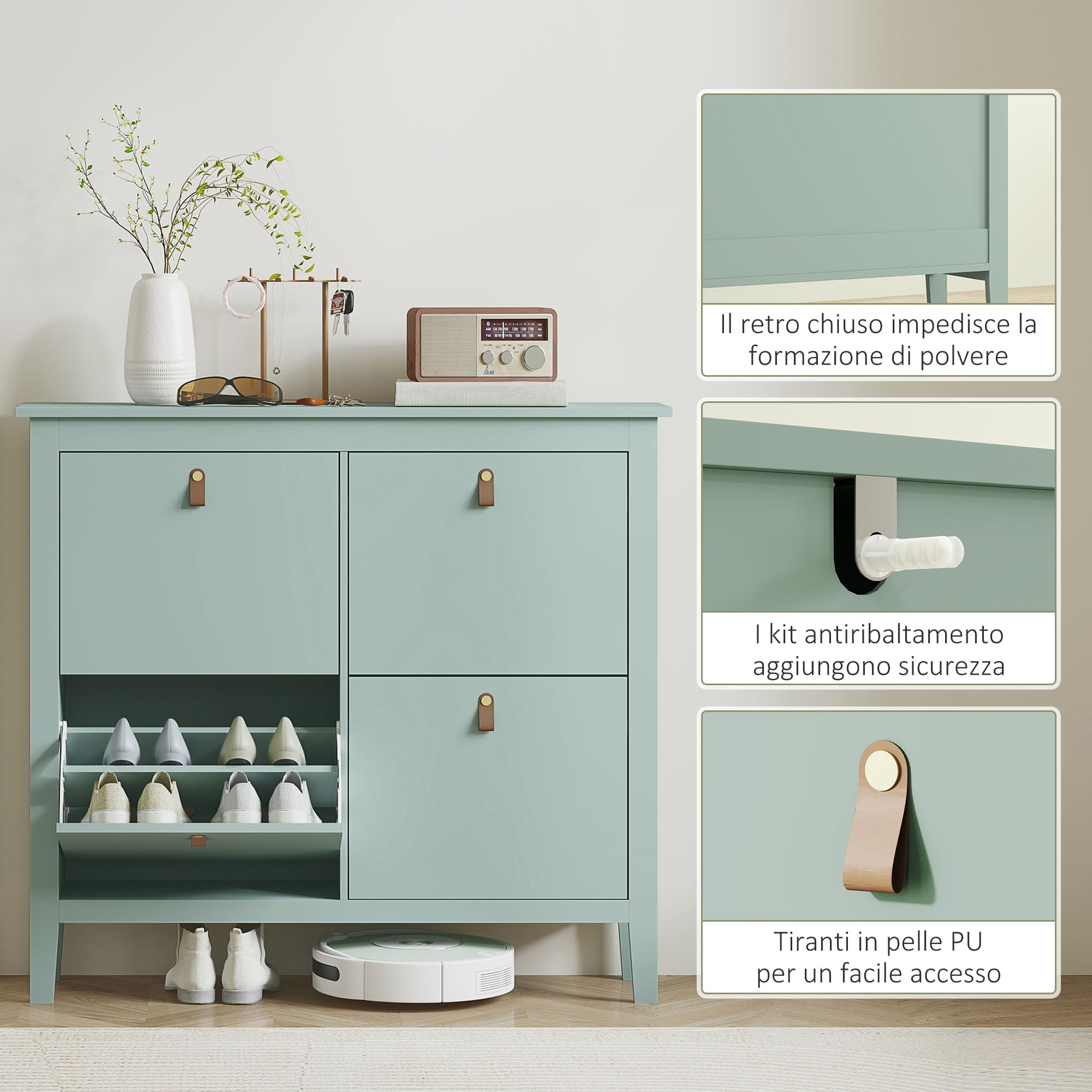 HOMCOM Scarpiera Salvaspazio Slim con 4 Ante a Ribalta, Scarpiera Ingresso con Ripiani Regolabili, Piano Superiore e Base Rialzata, Porta Scarpe per 20 Paia in Legno con Maniglia, 105x24x95.5cm, Verde