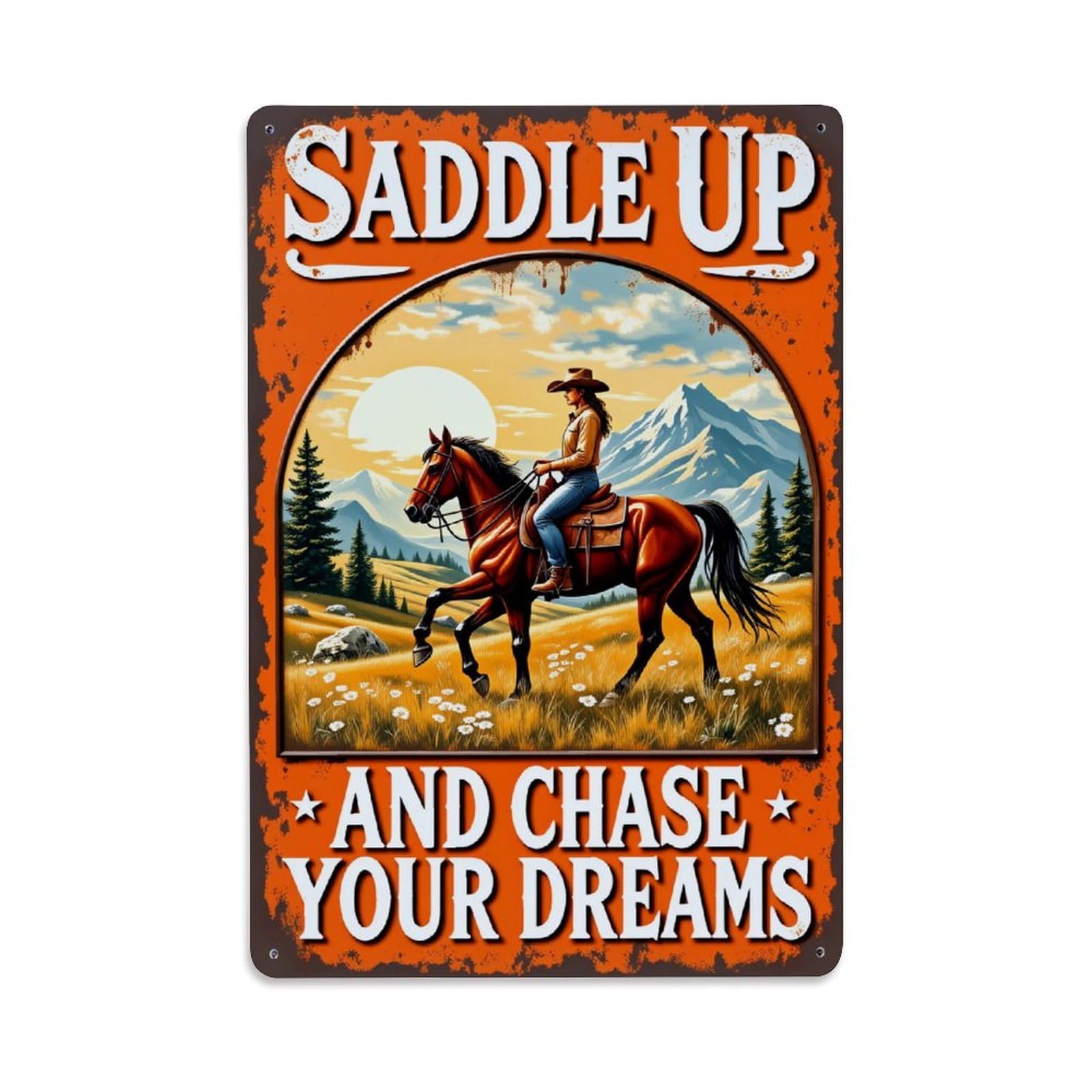 Enderetf Vintage Cowboy Riding Horse Mountain Landscape Tin Sign Metal Poster, Home Bar Garage Man Cave Cafe Indoor & Outdoor Wall Decoration 8X12inches