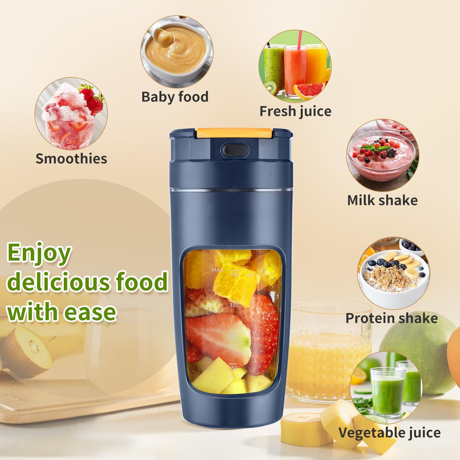 Portable 600ml USB Blender Cup - High-Speed Rechargeable for Shakes, Smoothies & Juices, Travel-Size with Multi-Blade (Dark Blue)