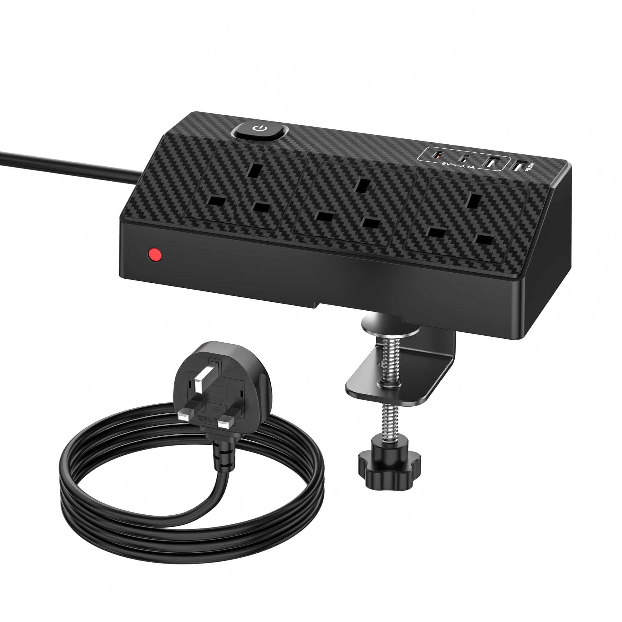 Desk Power Socket with USB C Slots, HAFINO PD 20W Fast Charging Power Station, 2M Desk Extension Lead with USB Slots with Removable Clamp, Desktop Power Strip for Home Office Accessories, Black