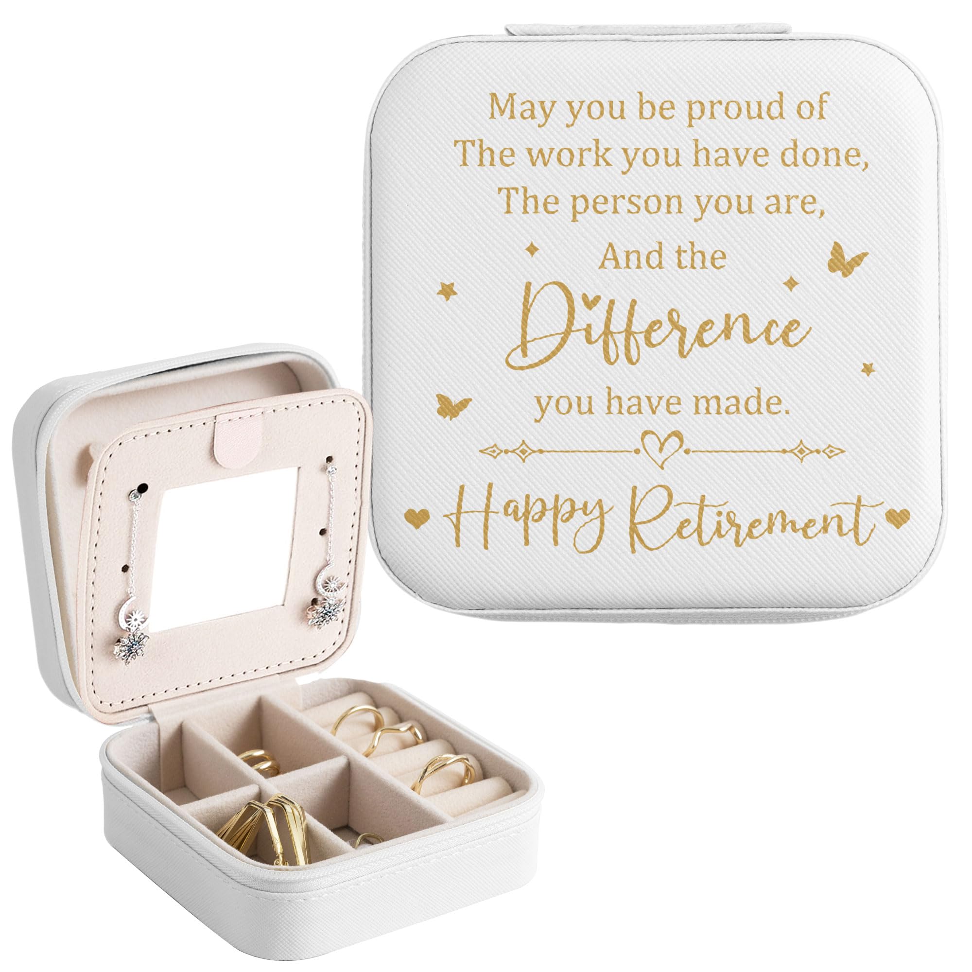 Unibyby Retirement Gifts for Women, Retirement Gifts for Coworker, Happy Retirement Small Travel Jewelry Case for Teacher Nurse, Retired Portable Jewelry Box Organizer with Mirror for Christmas