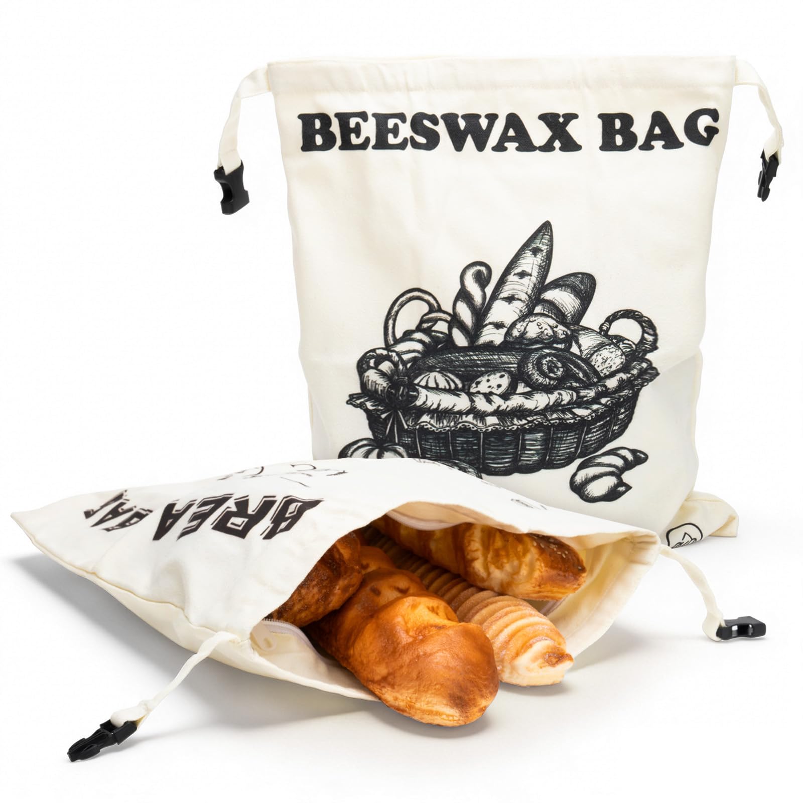 Reusable Beeswax Bread Bag – 2 Pack Cotton Linen Food Storage Bags, Natural Beeswax Bread Bags for Sourdough, Homemade Bread & Pastry to Lock in Freshness, Sustainable Kitchen Essentials with Seal
