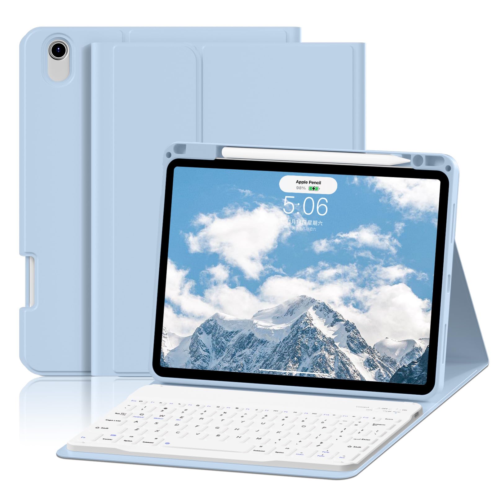 Case with Keyboard for iPad Air 11 inch M3/M2 (2025/2024), iPad Air 5th/4th Generation 10.9 inch (2022/2020), Detachable Bluetooth Keyboard, Stand Folio Cover with Pencil Holder, Light Blue