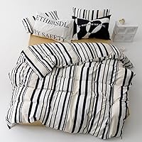 Vista 39 de KAREVER - Juego de edredón con cuadrícula blanca para niños, tamaño individual, con líneas cuadradas azul marino y edredón a cuadros blanco, juego