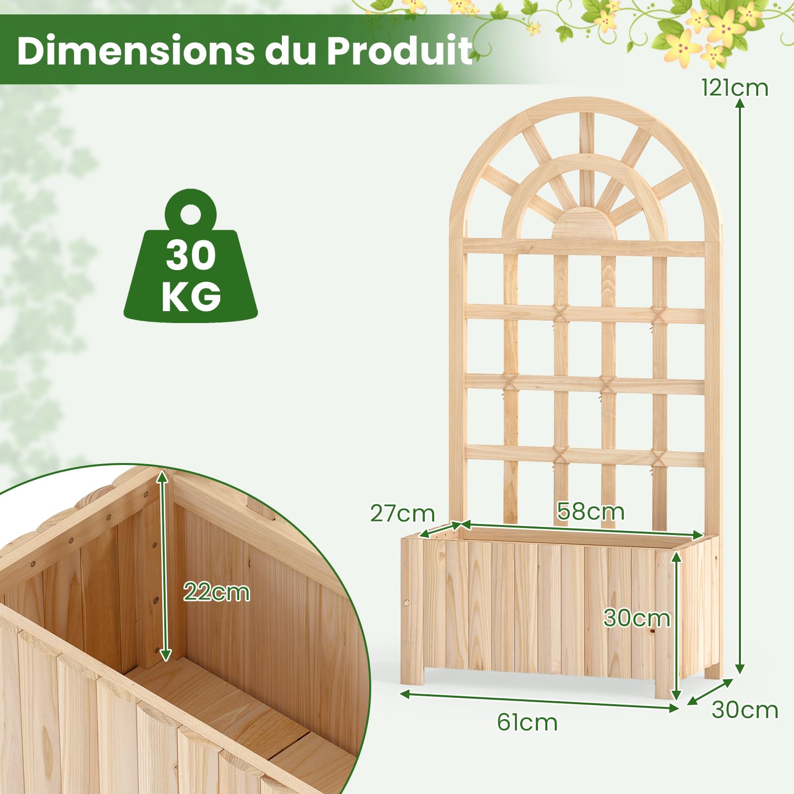 COSTWAY Jardinière en Bois avec Treillis, Lit de Jardin Surélevé avec Écran d'Intimité et Trous de Drainage, Bac à Fleurs d'Extérieur pour Plante Grimpante Fleurs Légumes, 61 x 30 x 121 cm (Naturel)